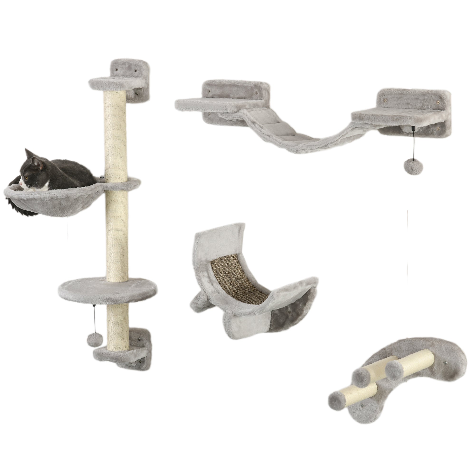 PawHut Four-Piece Cat Wall Furniture, with Hammock, Ladder, Platforms, Steps, for Indoor Use - Grey - North Peak Garden Furniture
