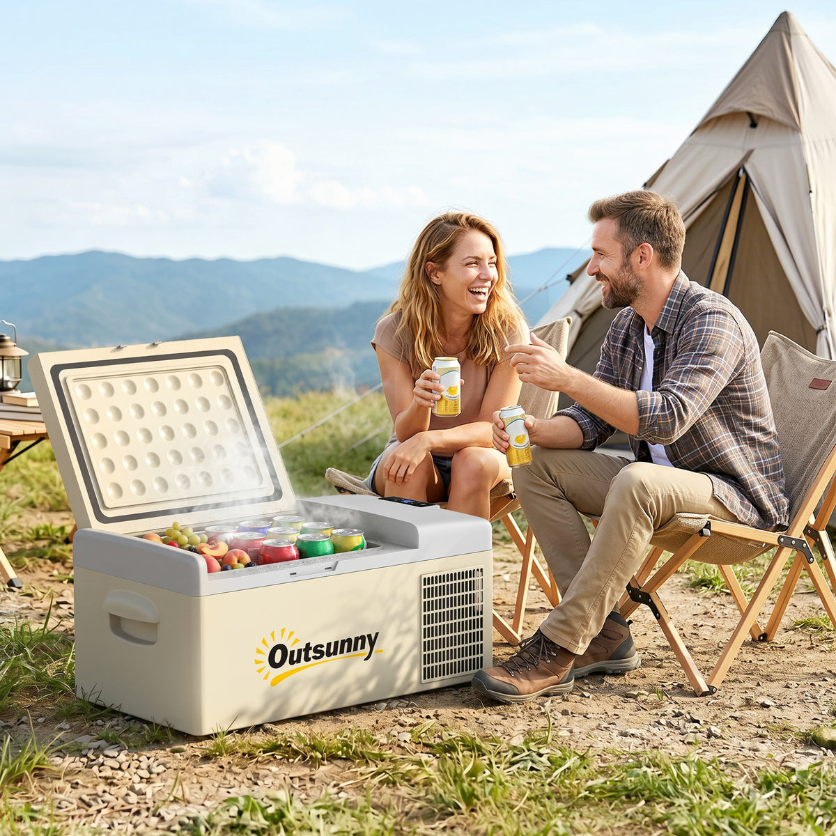 Outsunny 16L Portable Car Fridge, -20℃ to 10℃ Adjustable Temperature - Khaki/Grey