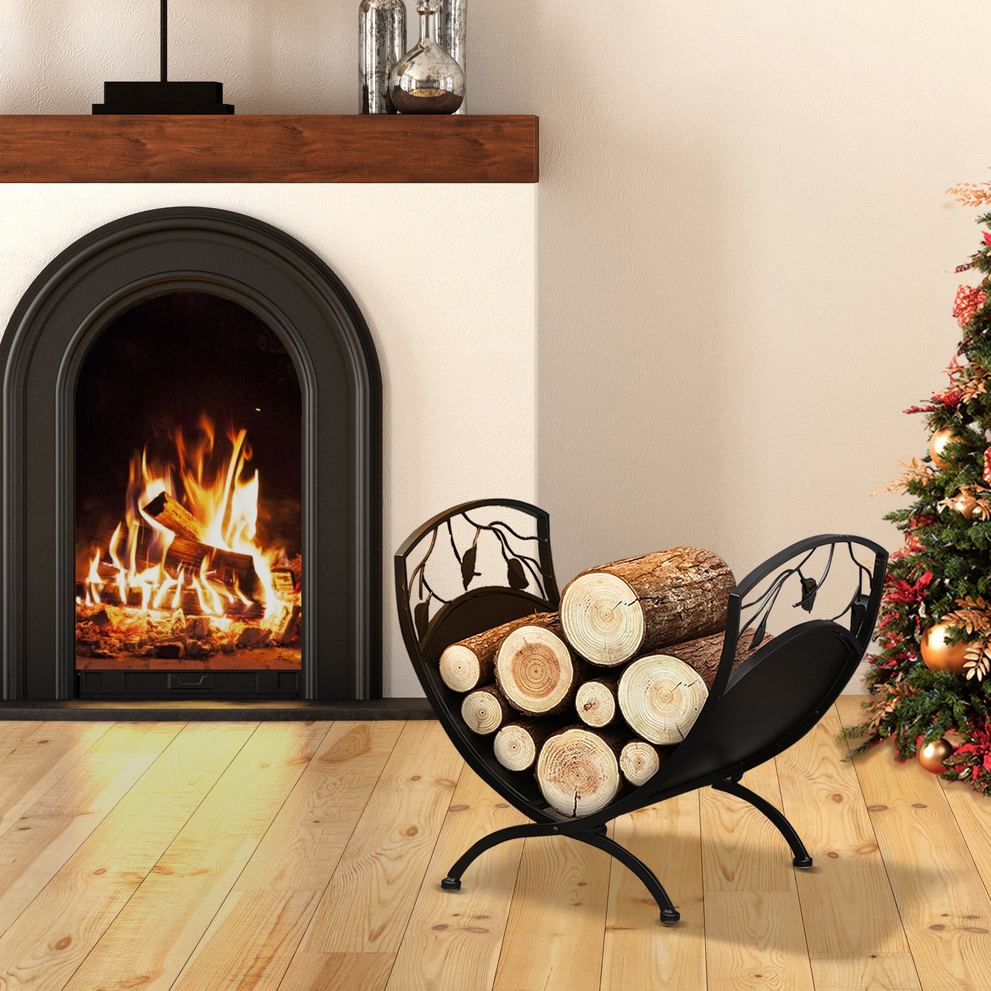 Outsunny Metal Arced Firewood Log Holder Indoor Outdoor Folding Firewood Rack Fireplace Wood Storage Shelf w/ Leaf Pattern Design, Black, 43.5W x 36.5D x 41H cm - North Peak Garden Furniture