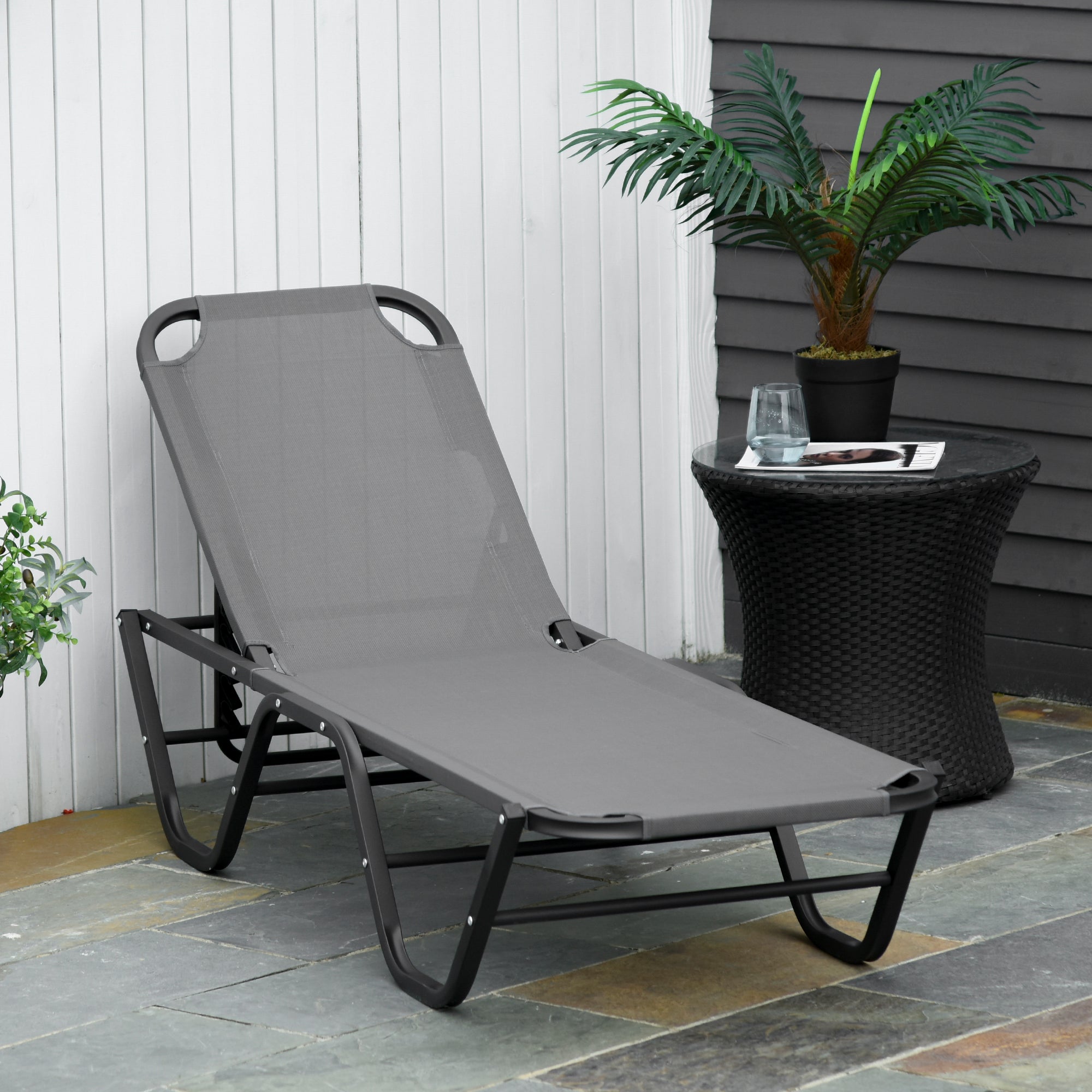 Outsunny Sun Lounger Relaxed Recliner with 5-Position Adjustable Backrest Aluminium Frame for Pool, Sun Bathing, Grey - North Peak Garden Furniture