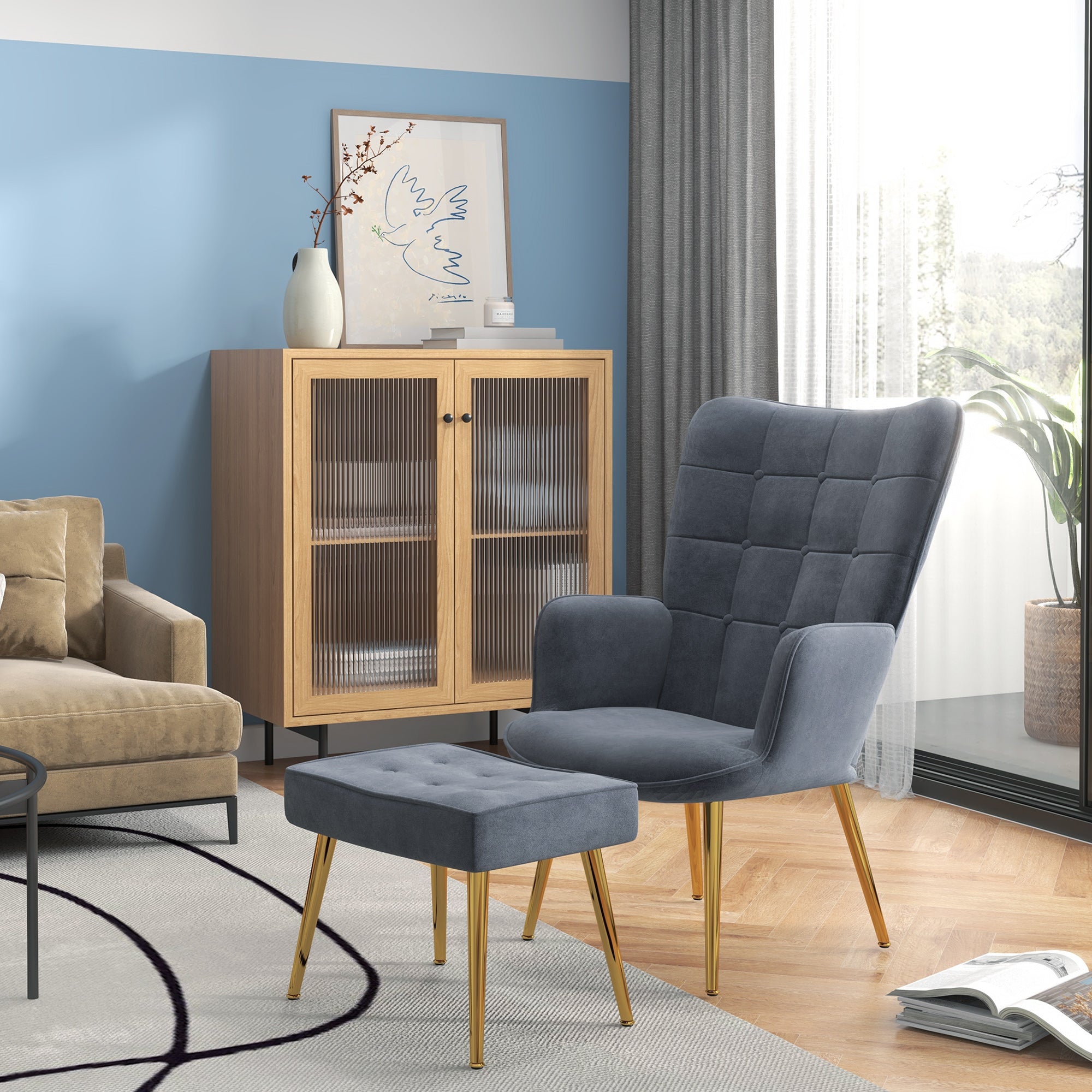 HOMCOM Modern Armchair with Footstool, Upholstered Accent Chair with Ottoman, Steel Legs, Velvet Wingback Chair for Living Room, Bedroom, Home Study, Dark Grey - North Peak Garden Furniture