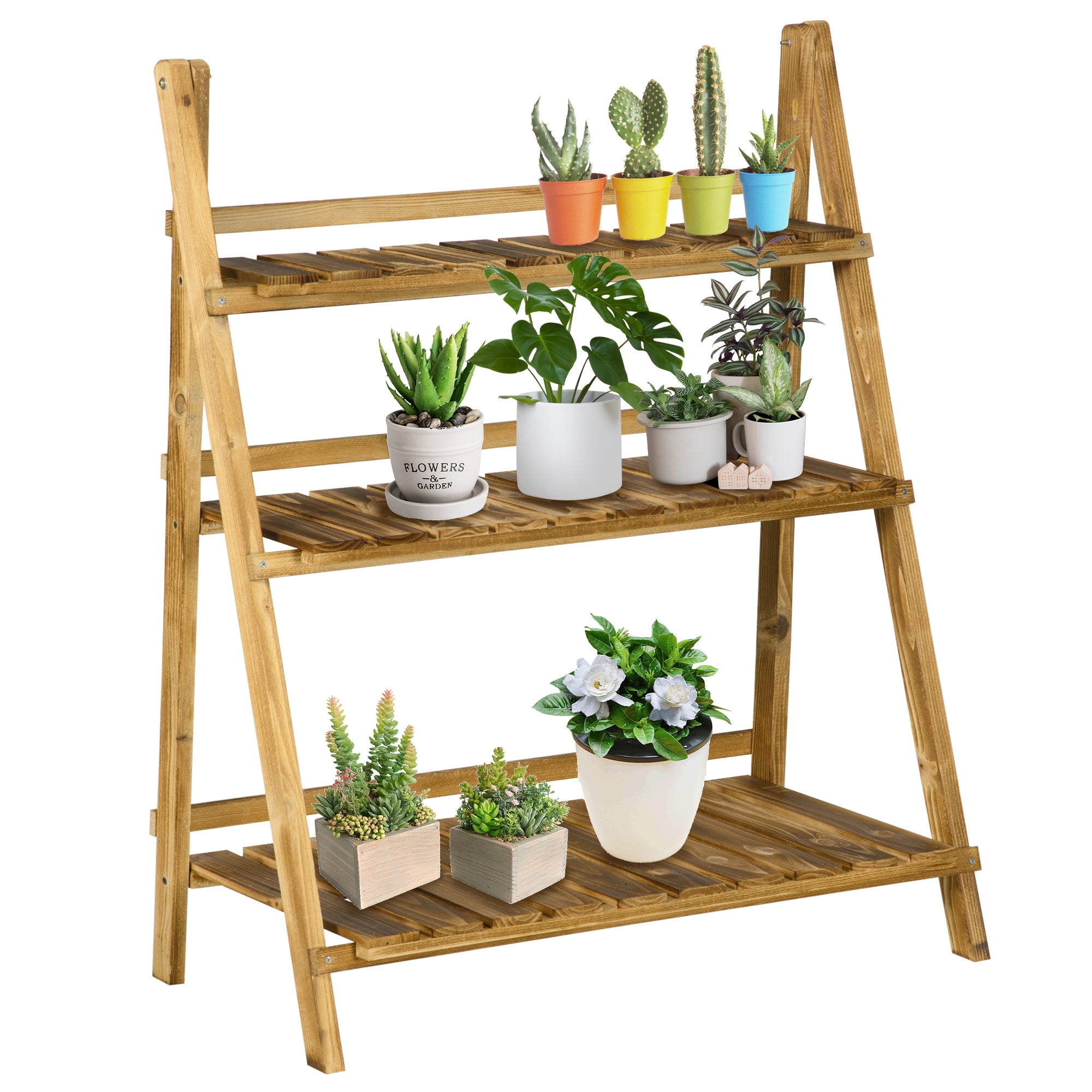 Outsunny Wooden Folding Flower Pot Stand 3 Tier Garden Planter Display Ladder Gardener Storage Shelves Rack Herb Holder (80L x 37W x 93H cm) - North Peak Garden Furniture