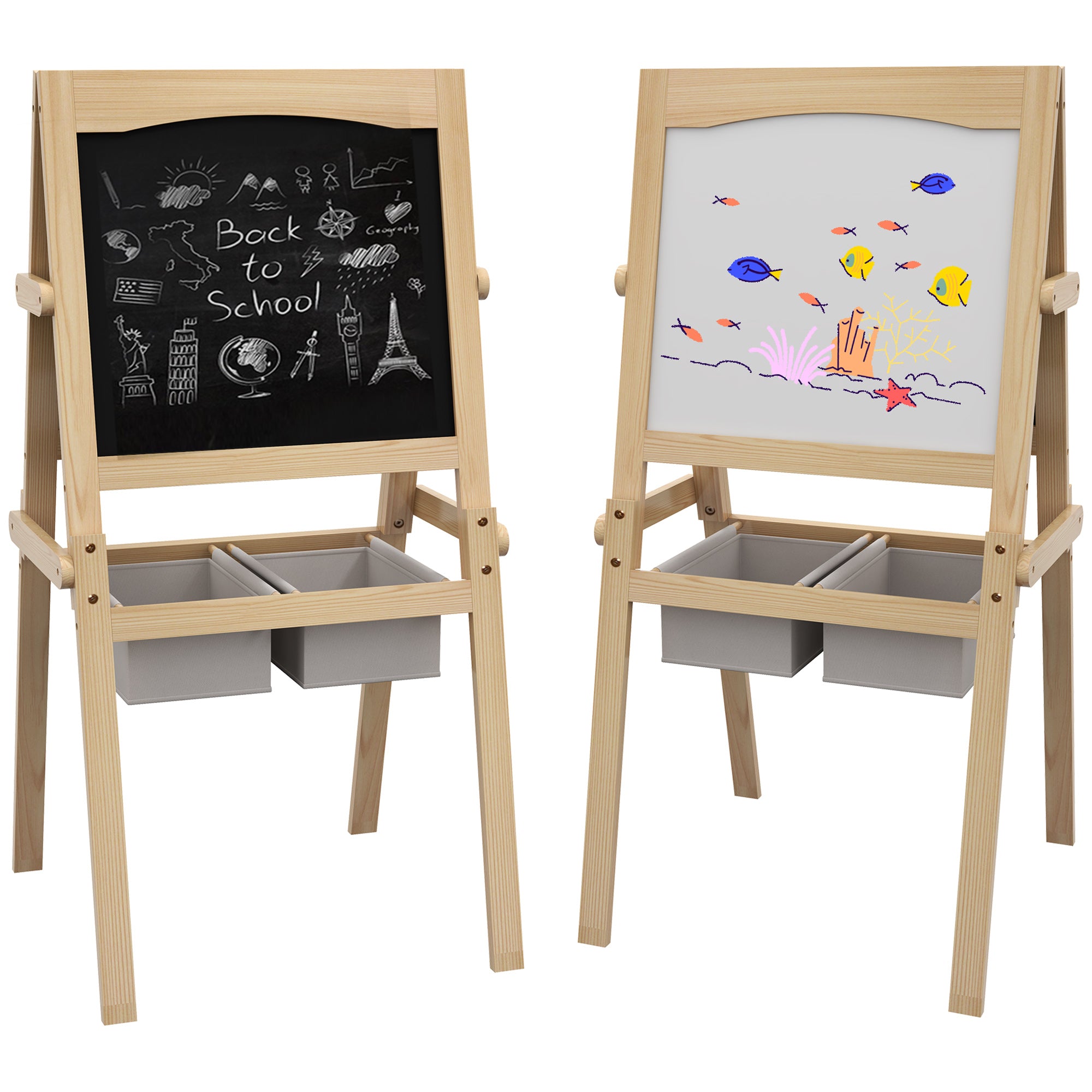 AIYAPLAY Kids Easel with Paper Roll, 3 in 1 Art Easel for Toddlers, Double-Sided Kids Whiteboard Blackboard with Storage Baskets for Ages 3-6 Years - Natural Wood Finish - North Peak Garden Furniture