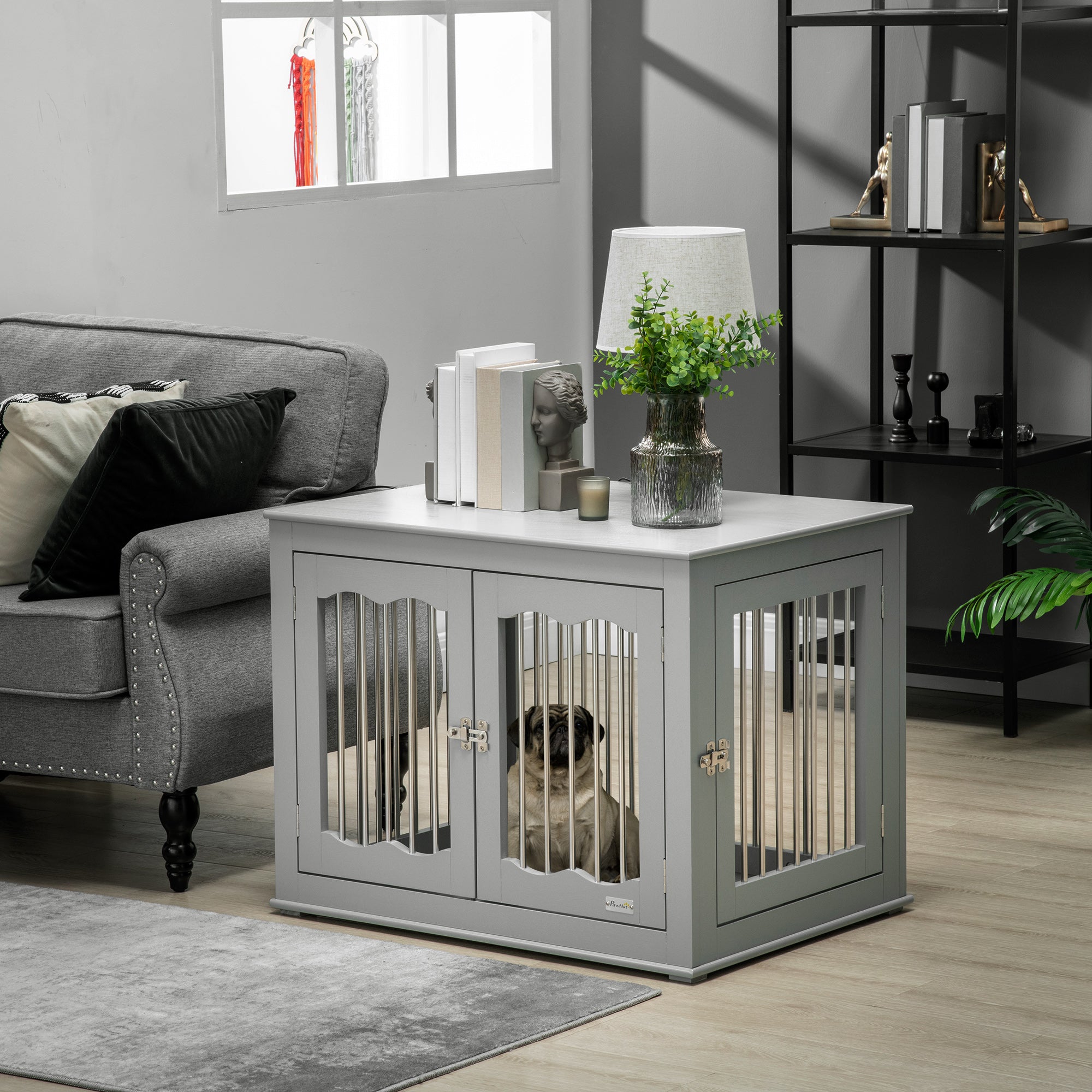 PawHut Dog Crate End Table Furniture Style Dog Cage w/ Three Doors, Locks and Latches - Grey - North Peak Garden Furniture