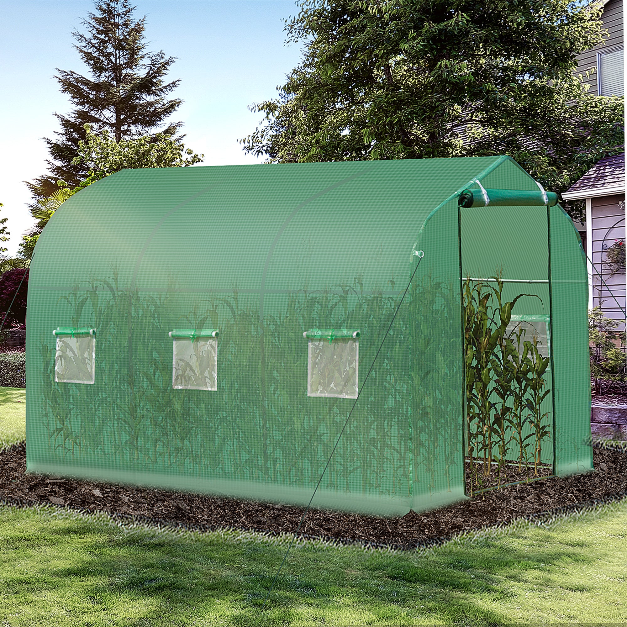 Outsunny Polytunnel Greenhouse with Windows and Door, Walk in Greenhouse for Garden, Backyard (3 x 2 M) - North Peak Garden Furniture
