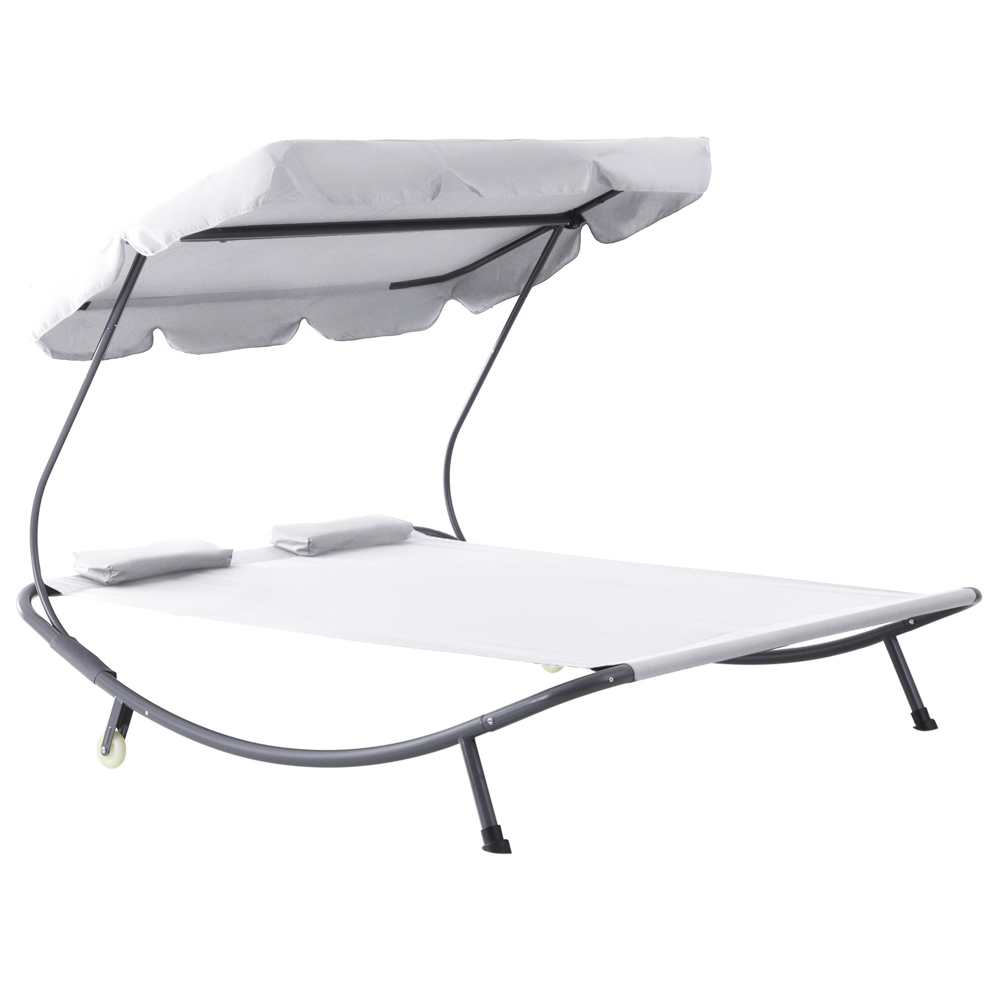 Outsunny Patio Double Hammock Sun Lounger Bed w/ Canopy Shelter, Wheels & 2 Pillows, White - North Peak Garden Furniture