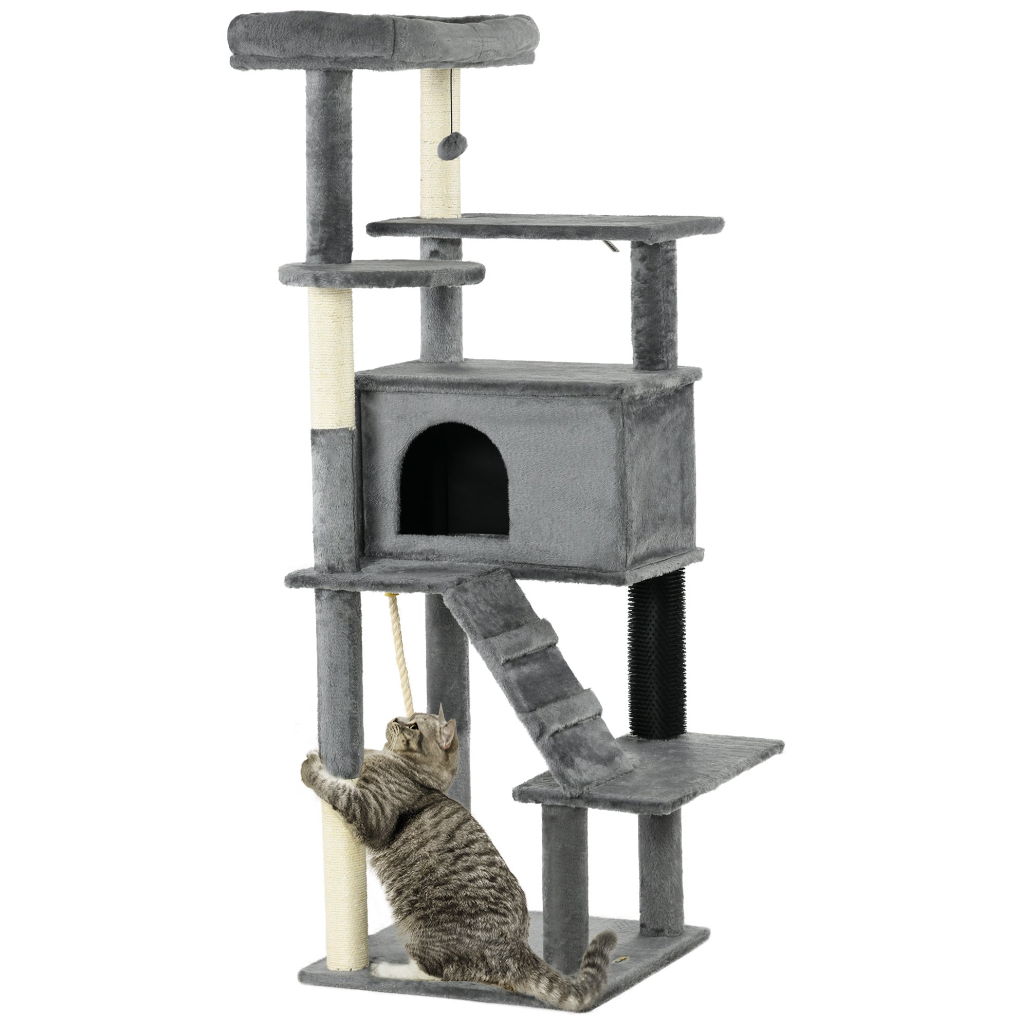 PawHut Cat Tree Tower for Indoor Cats, with Scratching Post, Cat House, Toy, Grey - North Peak Garden Furniture