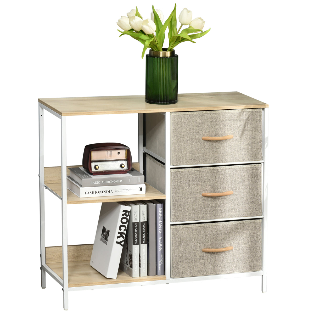 HOMCOM Chest of Drawers Storage Dresser Cabinet Organizer with 3 Fabric Drawers and 2 Display Shelves for Living Room, Bedroom, Hallway, Beige