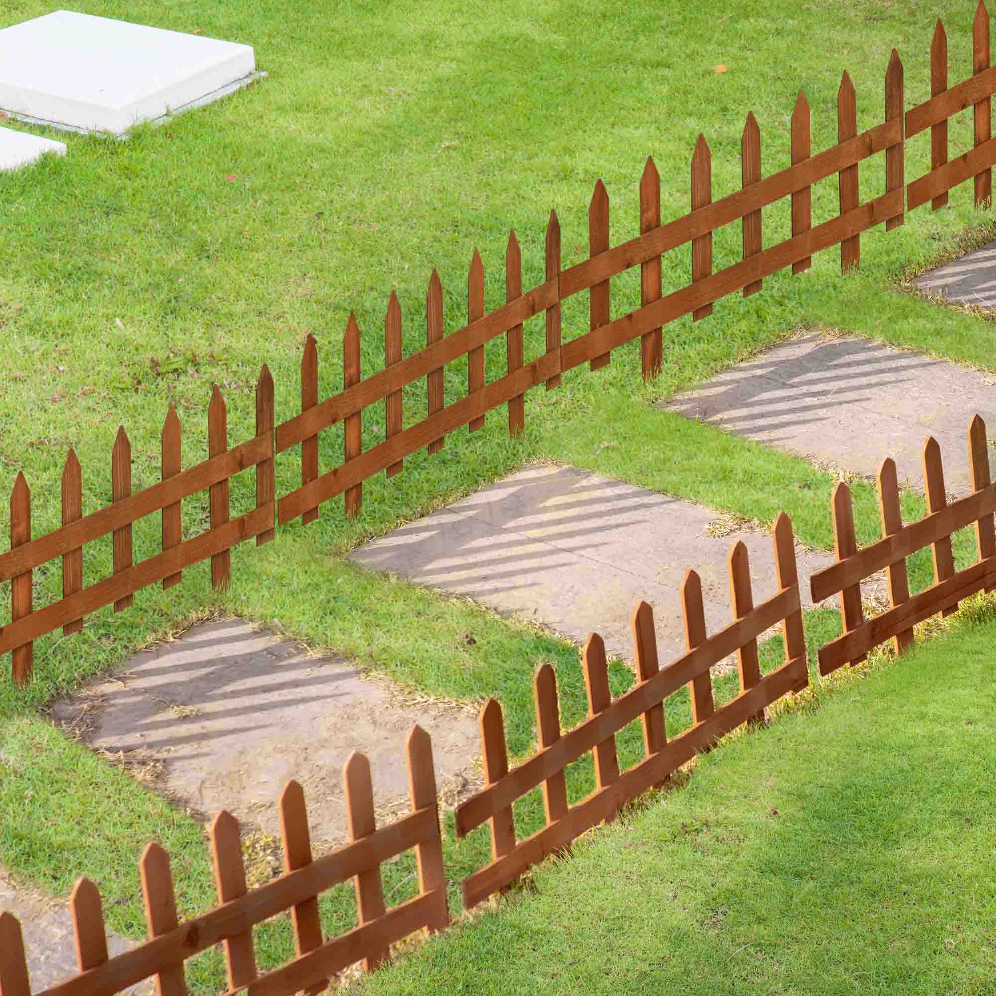Outsunny Pack of 12 Wooden Border Fences, Garden Fixed Picket Fence for Lawn Edging, Flowerbed, 60L x 1D x 34H cm, Brown - North Peak Garden Furniture