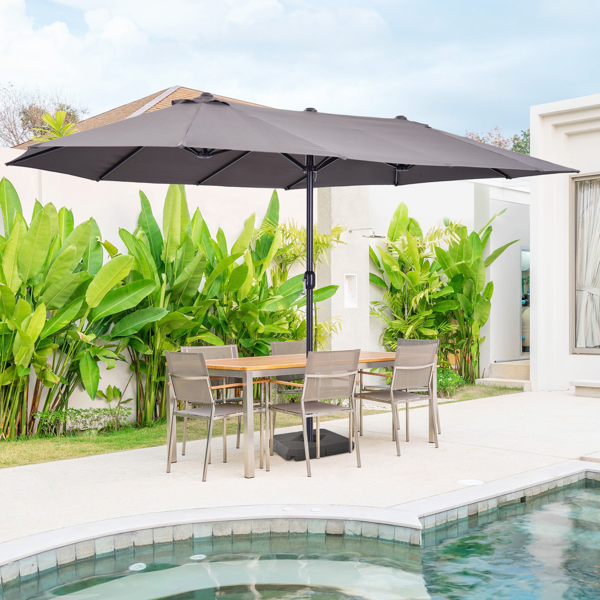 Outsunny 4.6m Garden Parasol Double-Sided Sun Umbrella Patio Market Shelter Canopy Shade with Weight Base, Grey - North Peak Garden Furniture