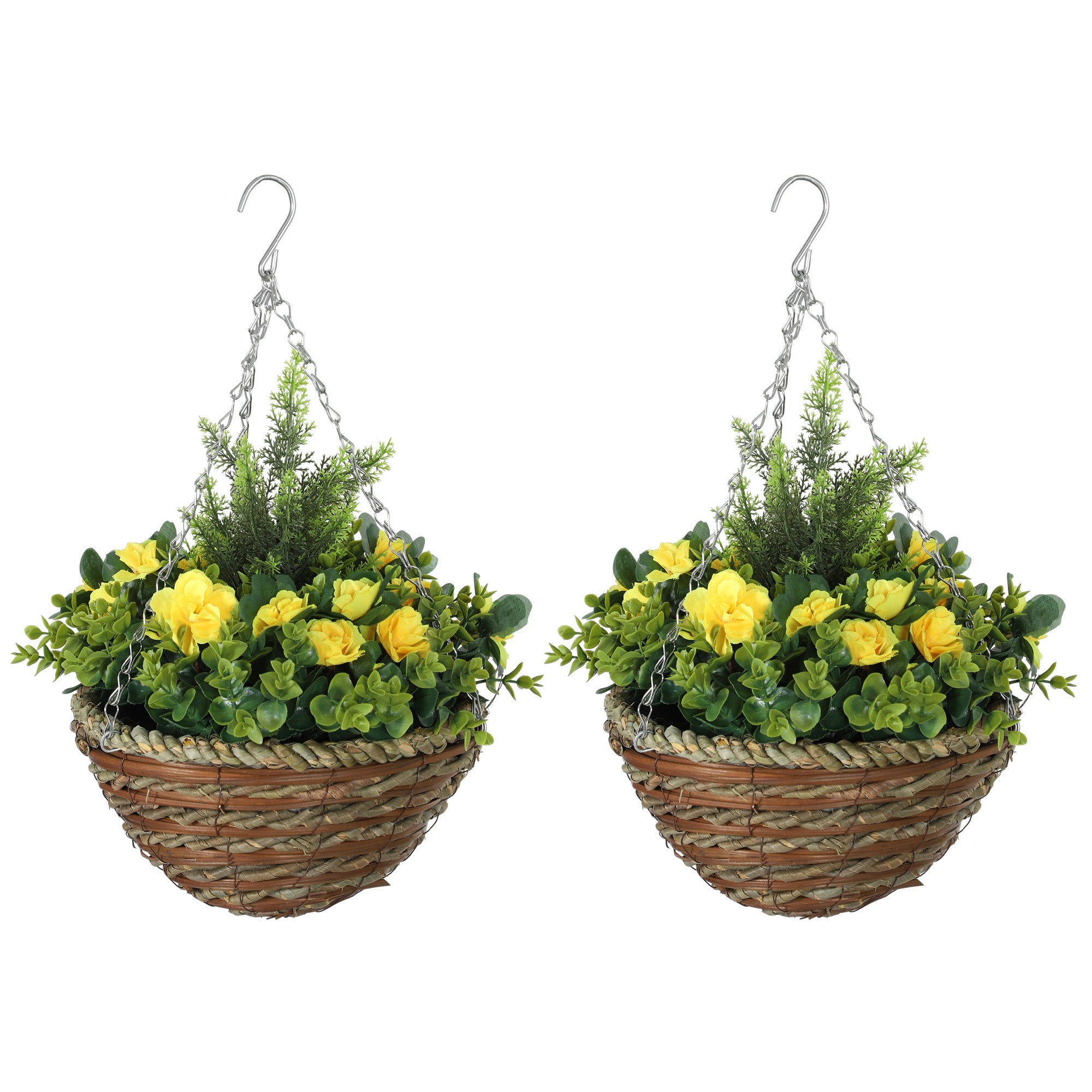 Outsunny Pack of 2 Faux Plant Artificial Lisianthus Flowers Hanging Planter with Basket for Indoor Outdoor Decoration, Yellow - North Peak Garden Furniture