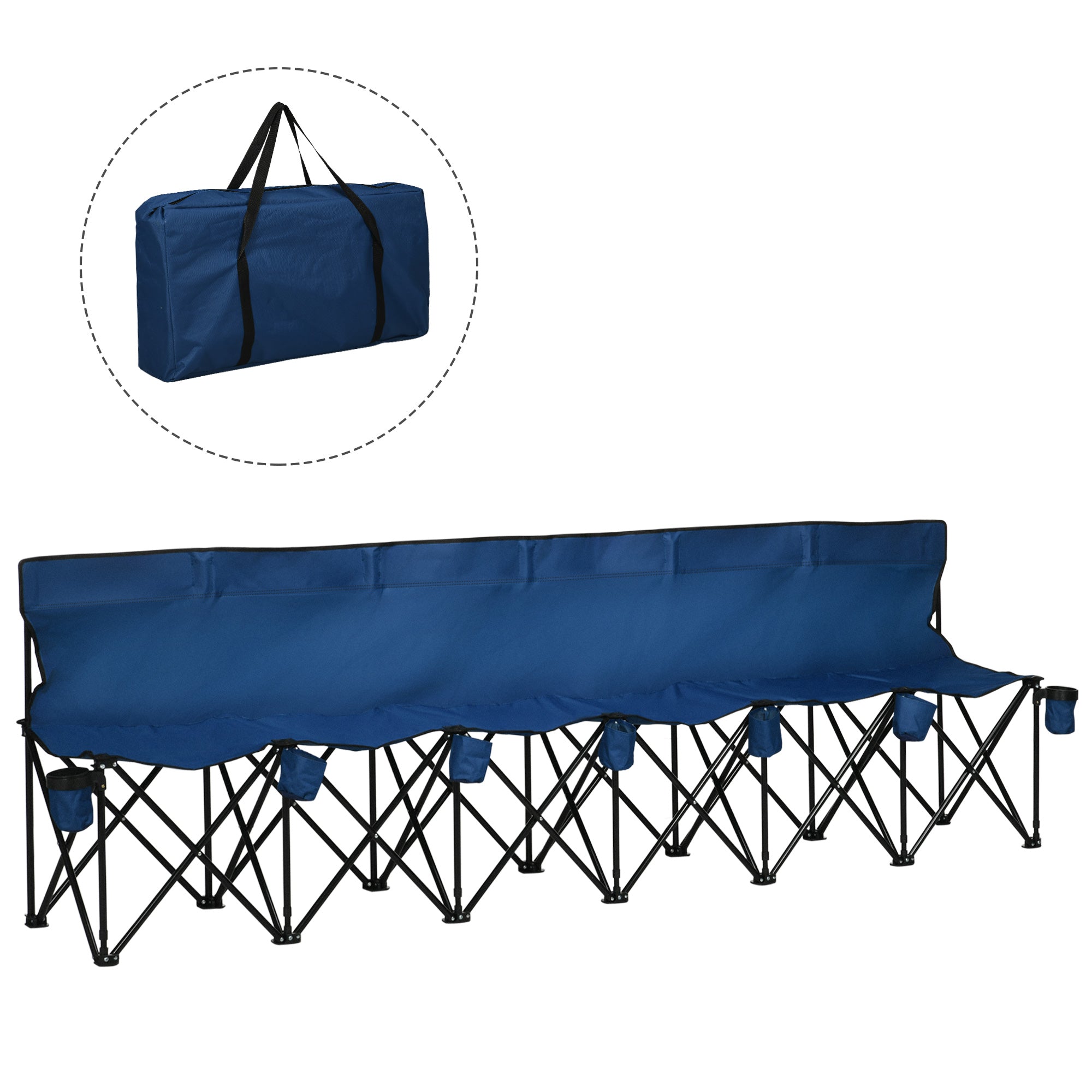 Outsunny 6 Seater Folding Bench, Outdoor Camping Chair Portable Sports Spectator Chair with Steel Frame, Cup Holder & Carry Bag, Blue - North Peak Garden Furniture