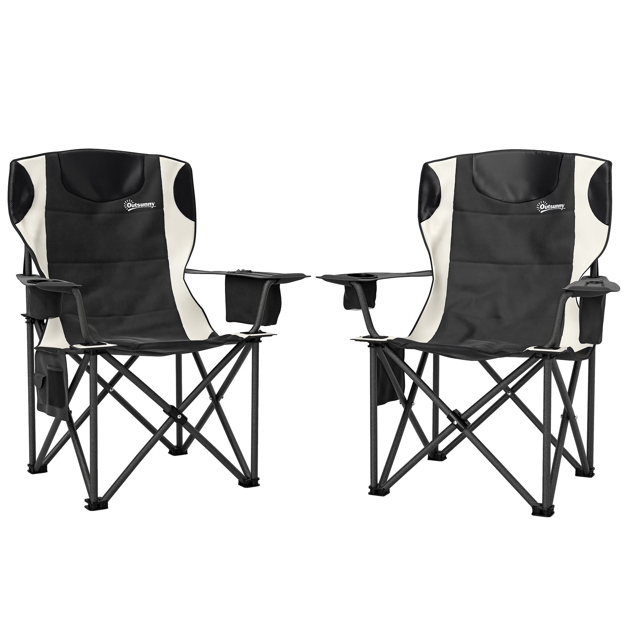 Outsunny Set of 2 Folding Camping Chairs, Padded Camping Chairs with Adjustable Armrests, Portable & Lightweight Folding Camp Chair with Cooler Bag, Cup Holder and Side Pockets, Black - North Peak Garden Furniture