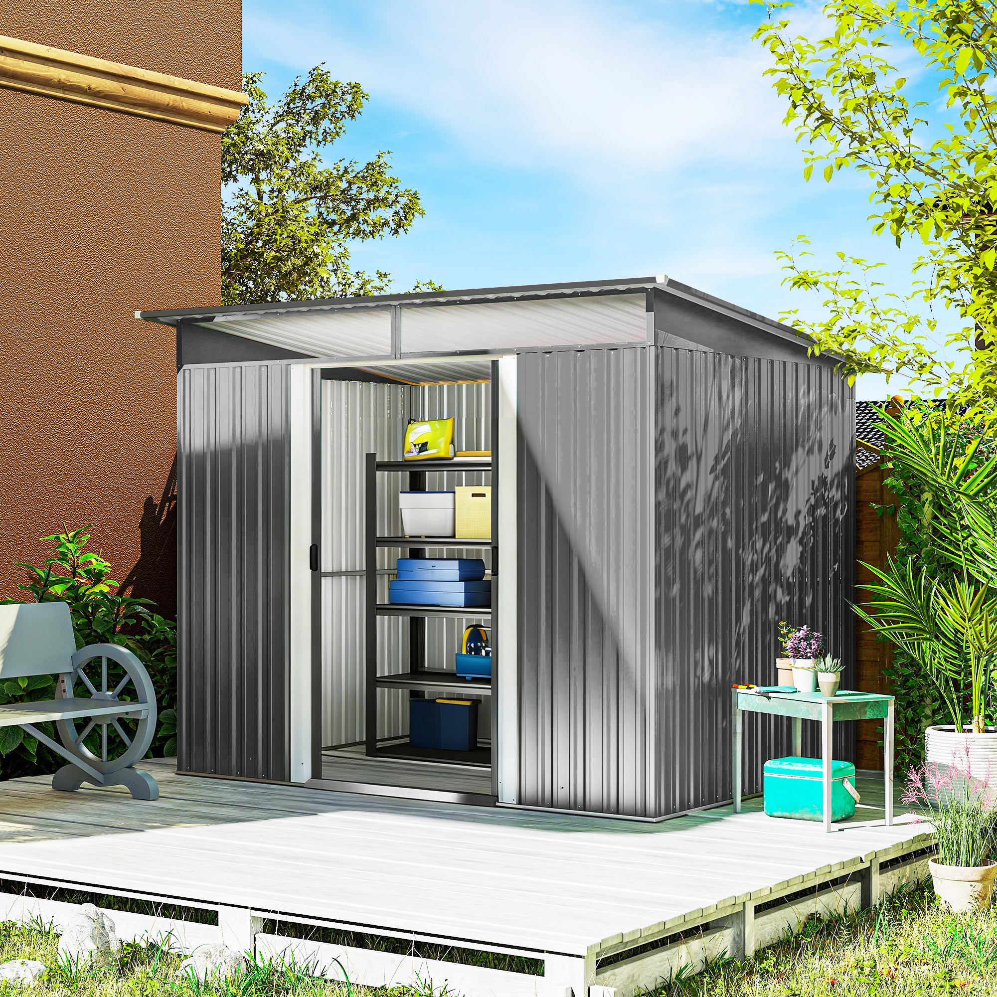 Outsunny 9ft x 6.5ft Garden Storage Shed with Top Window, Metal Outdoor Shed Tool House with Double Doors, Light Grey
