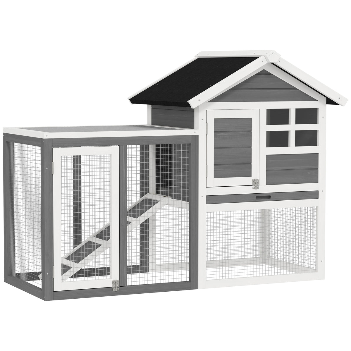PawHut Rabbit Hutch Outdoor Wooden Guinea Pig Hutch Rabbit Run Bunny Cage Small Animal House Pull-Out Tray, Grey, 122 x 62.6 x 92 cm