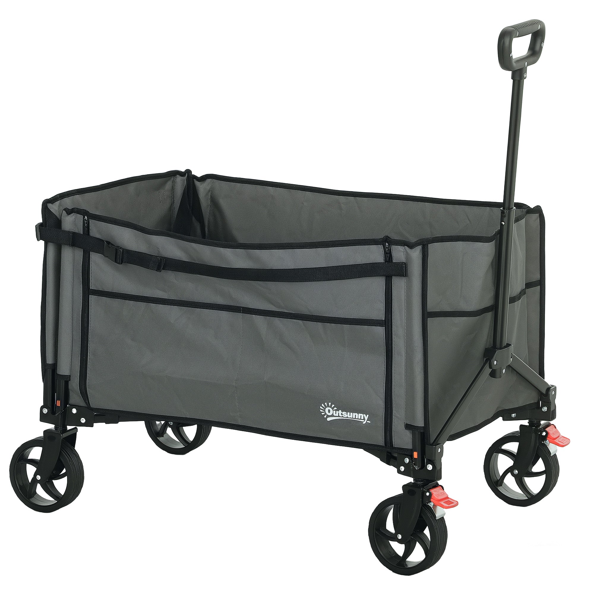 Outsunny Folding Trolley on Wheels, 150L Collapsible Wagon Festival Trolley Cart with Openable Sides, Adjustable Handle and Brakes for Shopping Camping Beach and Garden, Grey - North Peak Garden Furniture