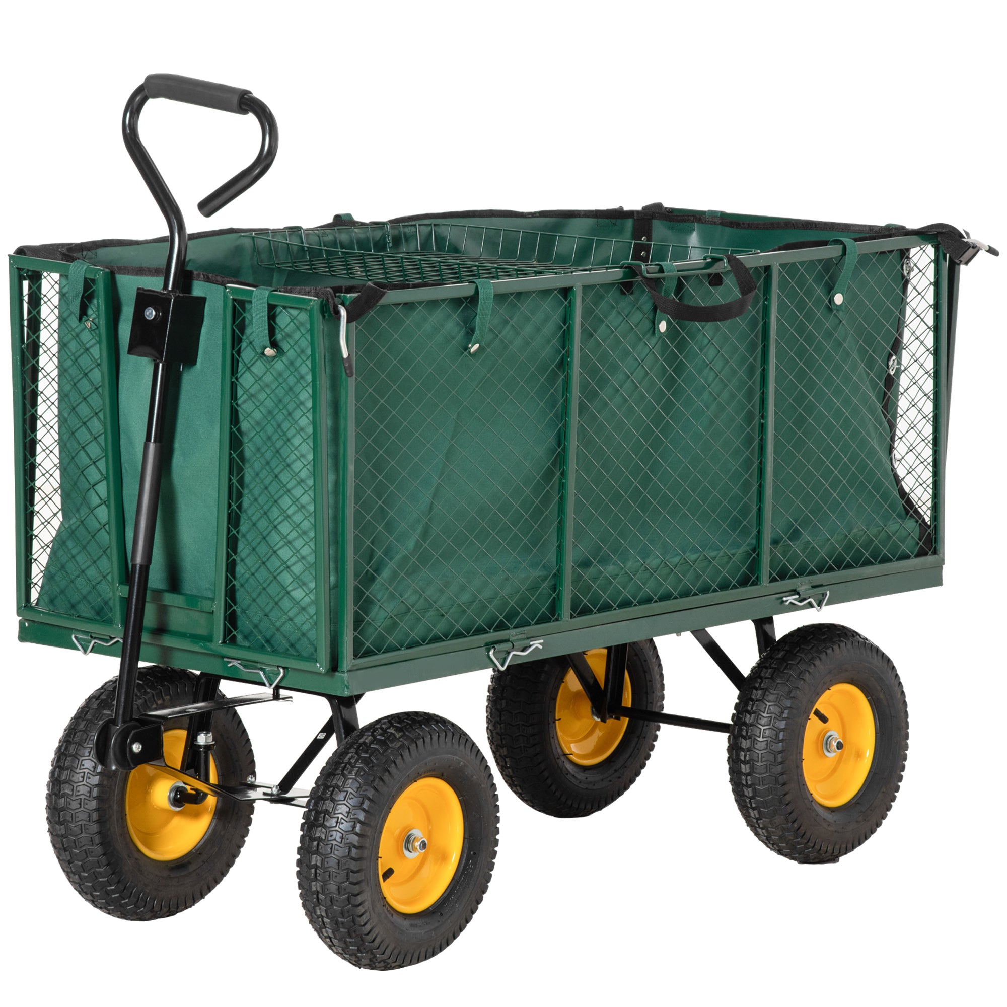 Outsunny Large 4 Wheel Heavy Duty Garden Cart Truck Trolley Wheelbarrow with Handle and Metal Frame - Green - North Peak Garden Furniture