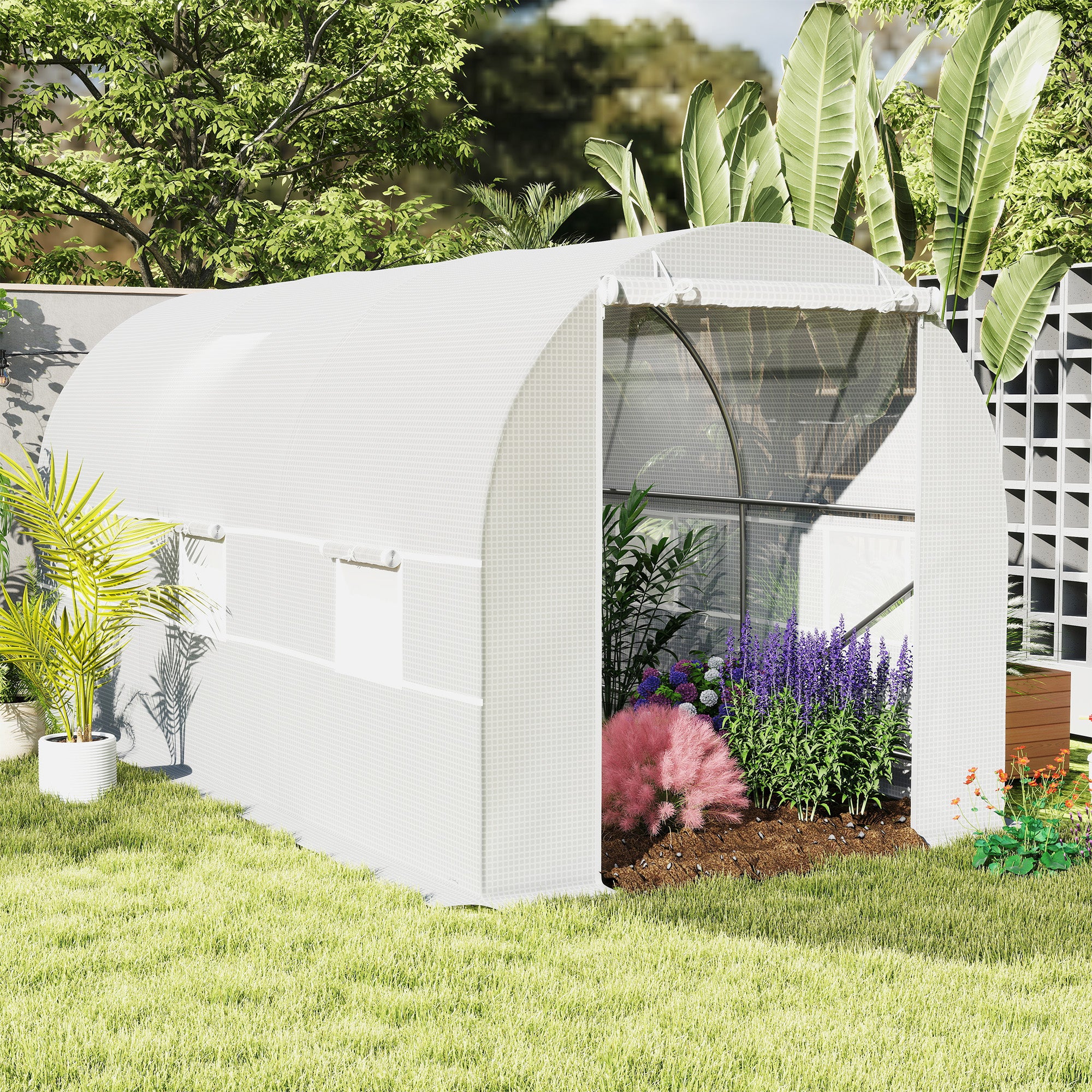 Outsunny 4.5 x 2 x 2 m Polytunnel Greenhouse, Walk-in Green House for Garden with Mesh Windows, Galvanised Steel Frame, White - North Peak Garden Furniture
