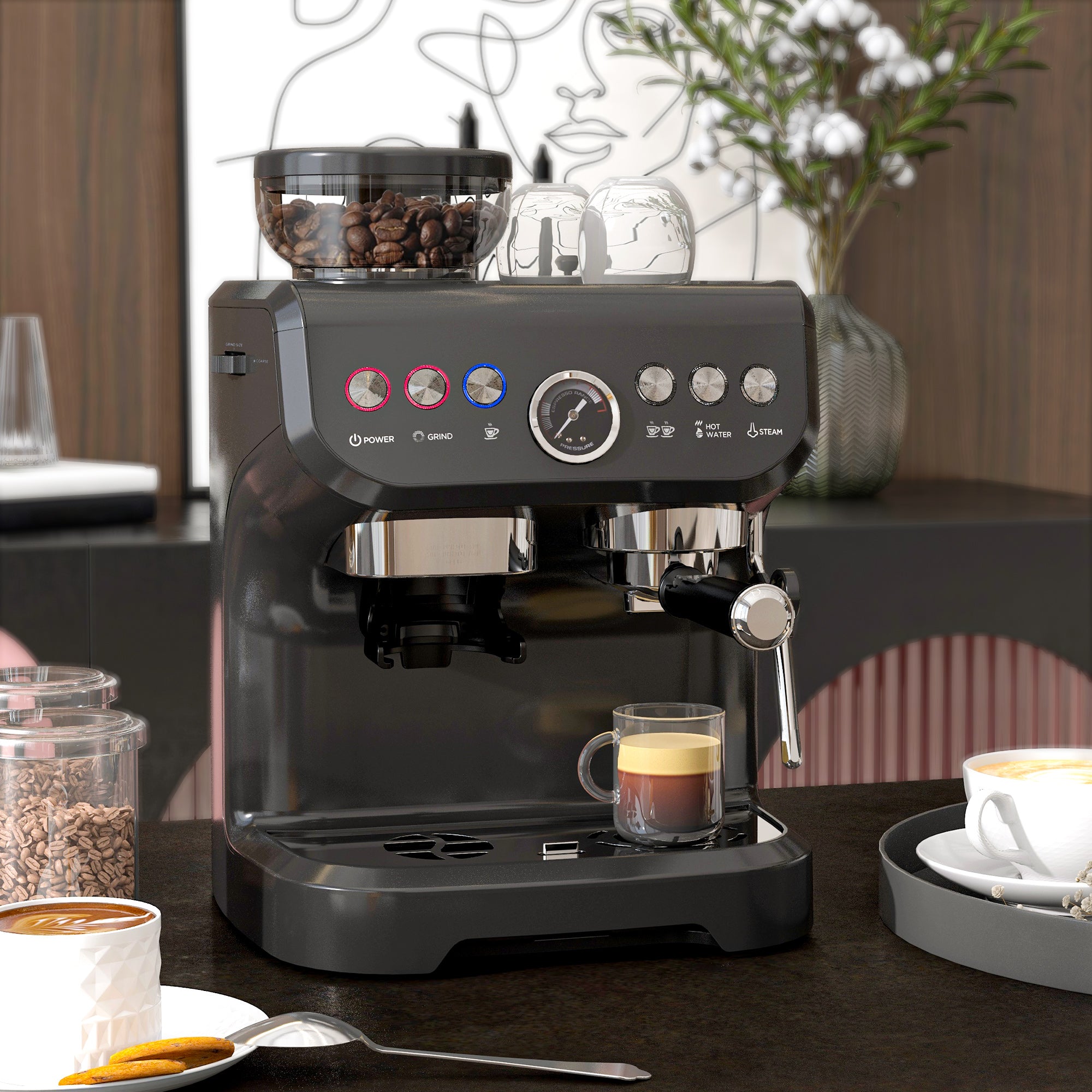 HOMCOM 15 Bar Coffee Machine, with Adjustable Grind, Steamer and Accessories - Black