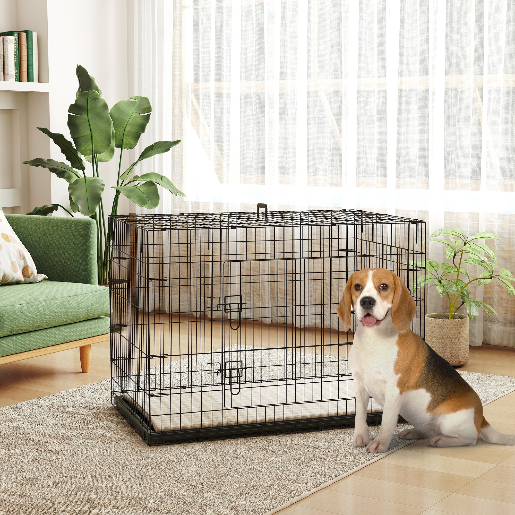 PawHut Dog Crate with 2 Doors with Tray, Soft Cushion, Foldable Metal Dog Cage for Extra and Large Dogs, 105 x 70 x 75, Black - North Peak Garden Furniture