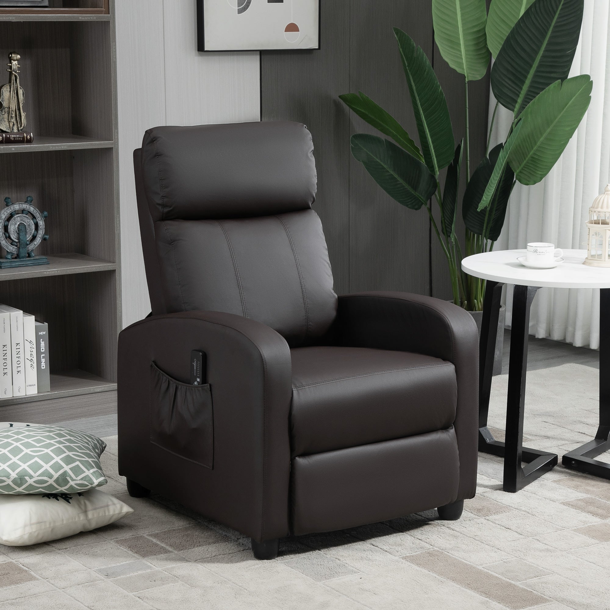 HOMCOM Recliner Armchair, Massage Faux Leather Push Back Reclining Chair with Adjustable Leg Rest, Side Pocket, for Home Living Room Theatre, Brown - North Peak Garden Furniture