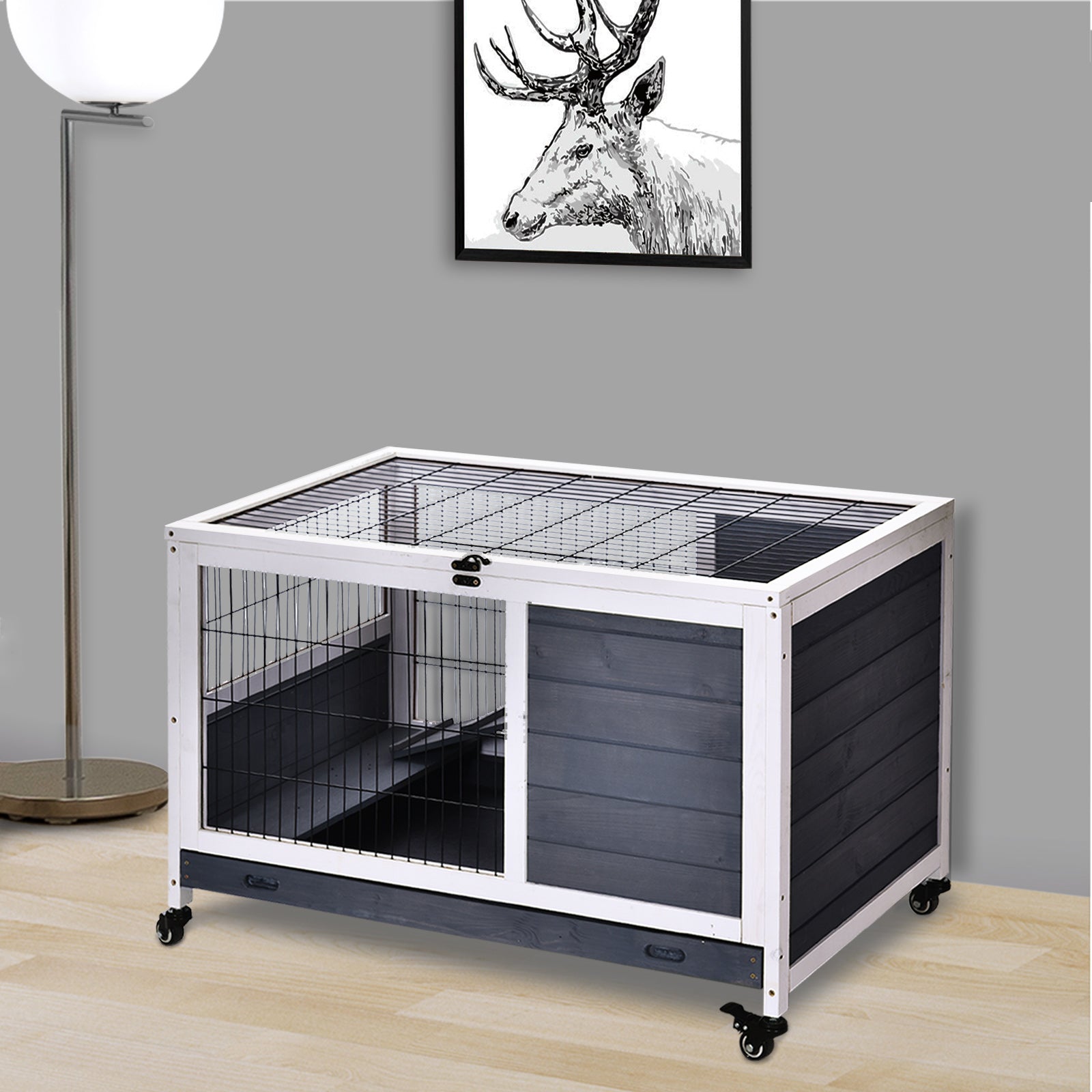 PawHut Rabbits Indoor Fir Wood Lift-Top Hutch Guinea Pigs Hutches-Grey and White - North Peak Garden Furniture