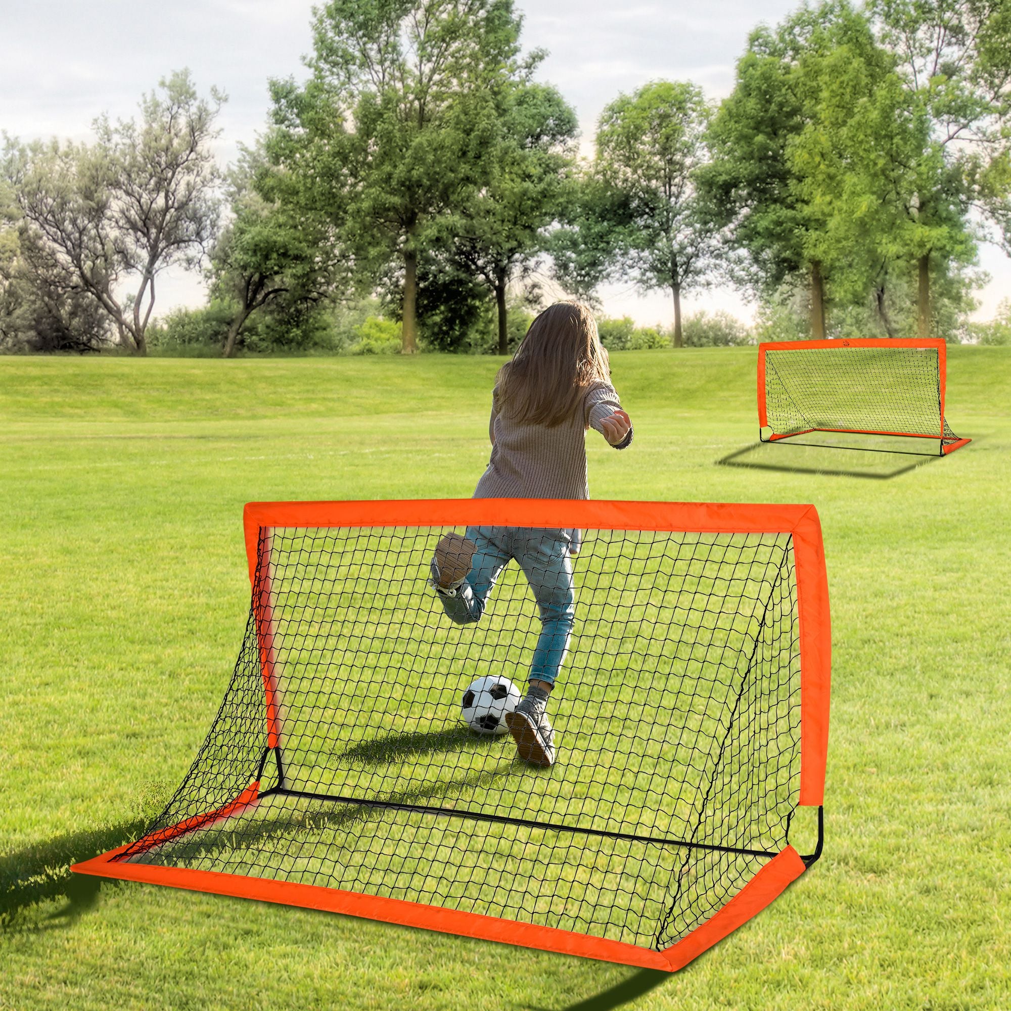 HOMCOM Set of 2 Football Goal Net 6 x 3 ft Foldable Outdoor Sport Training Teens Adults Football with Carrying Bag Orange - North Peak Garden Furniture