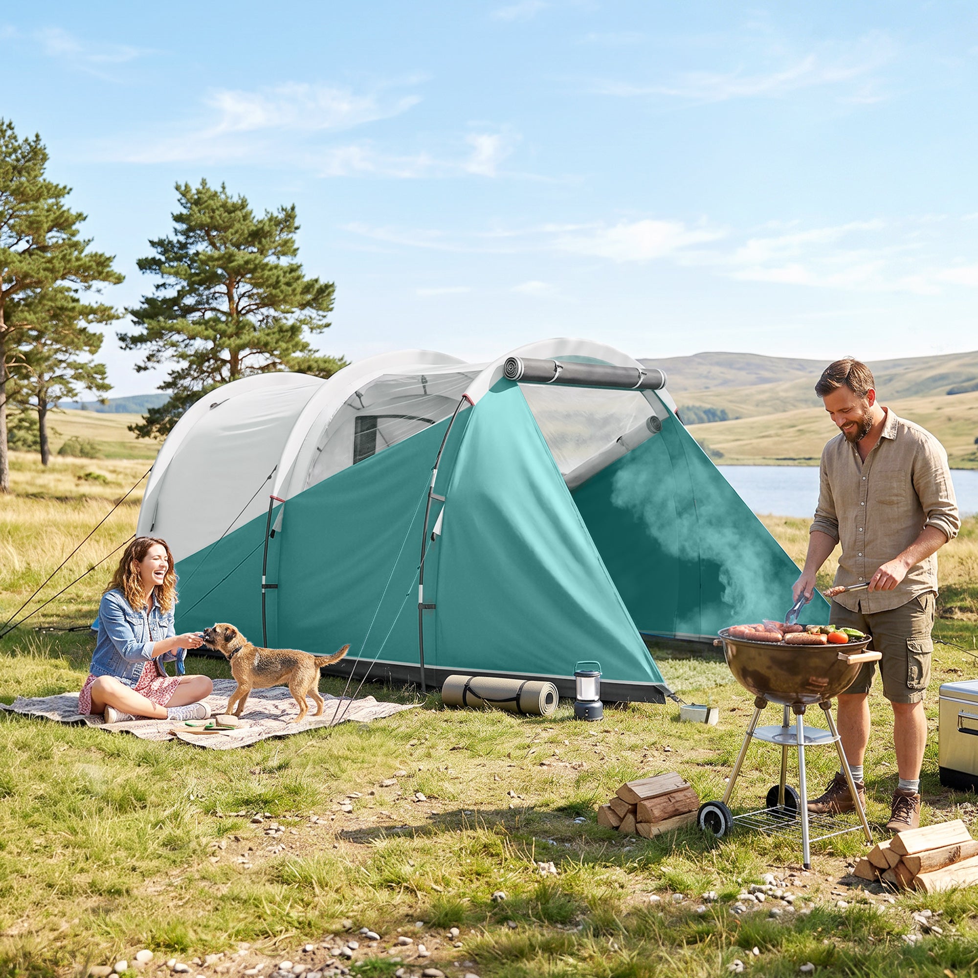 Outsunny Three-Man, 3000mm Water-Resistant Two-Room Tunnel Tent - Green
