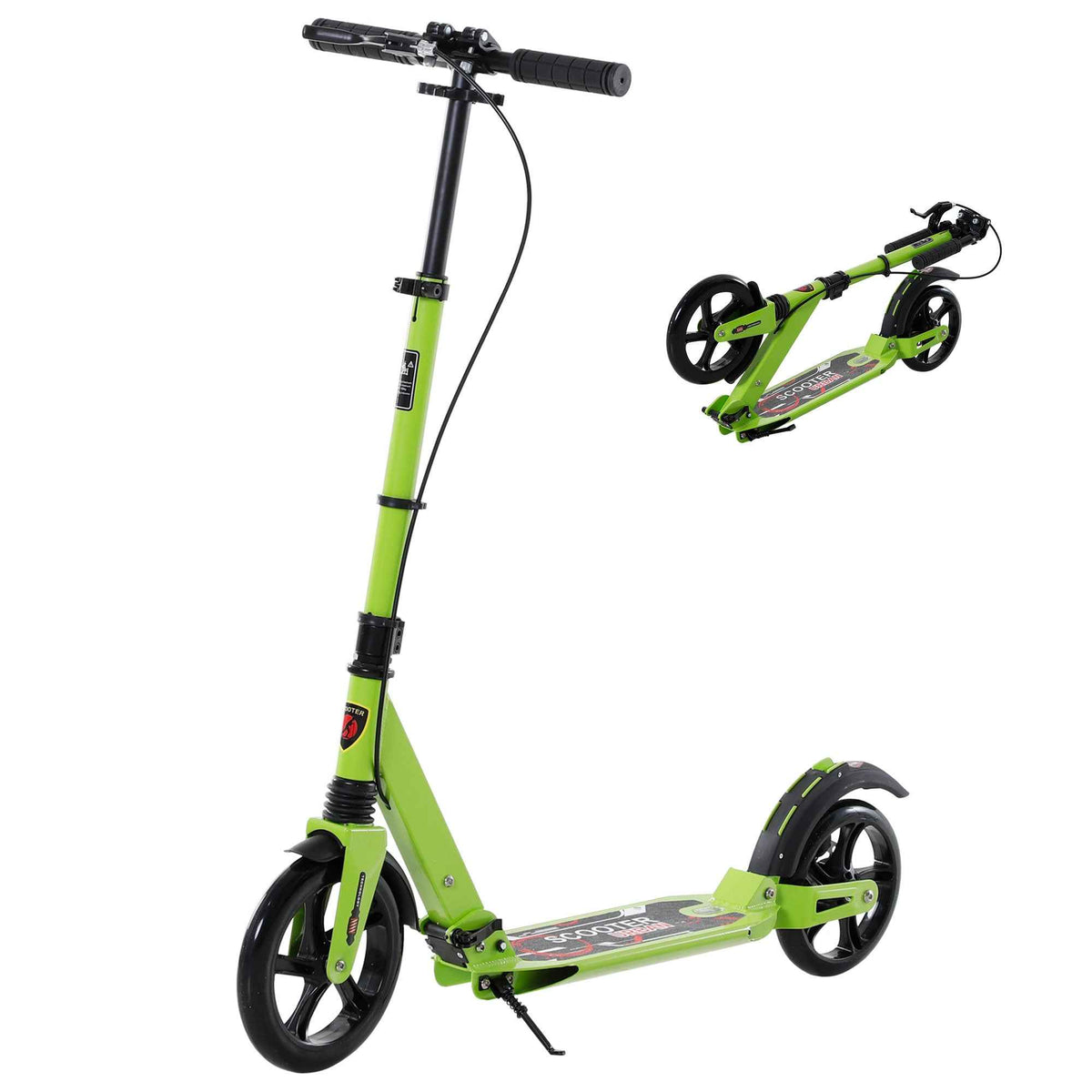 HOMCOM Kick Scooter, Folding 2 Wheel Scooter for 14+ Teens Adults, with Dual Brake System, Dual Suspension, 230mm Big Wheels, 3 Adjustable Handlebar, up to 100KG, Green