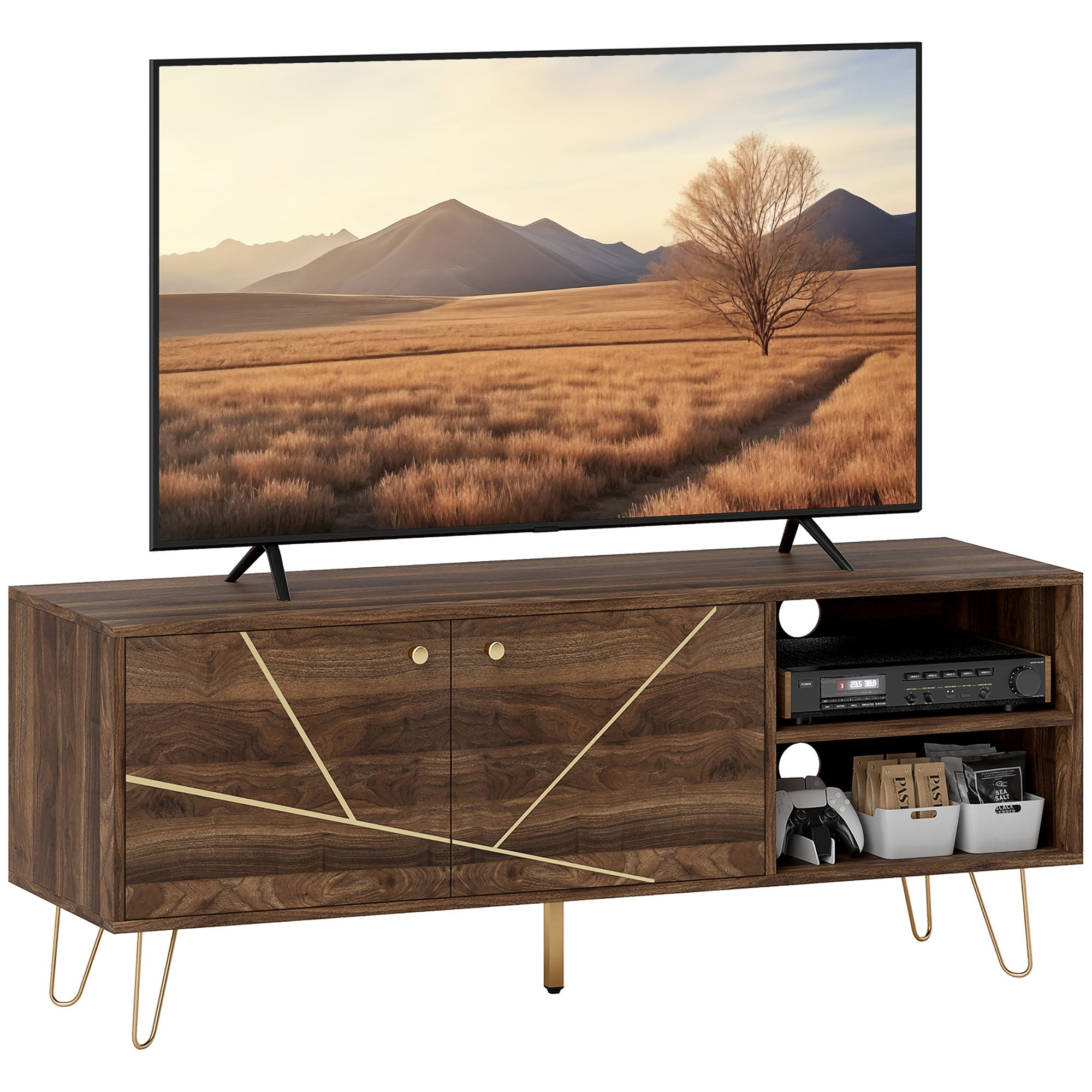 HOMCOM TV Stand Cabinet for up to 60 Inch TV, Modern 130cm TV Unit with Adjustable Shelves and Hairpin Legs, Double Door TV Cabinet for Living Room, Bedroom, Brown - North Peak Garden Furniture