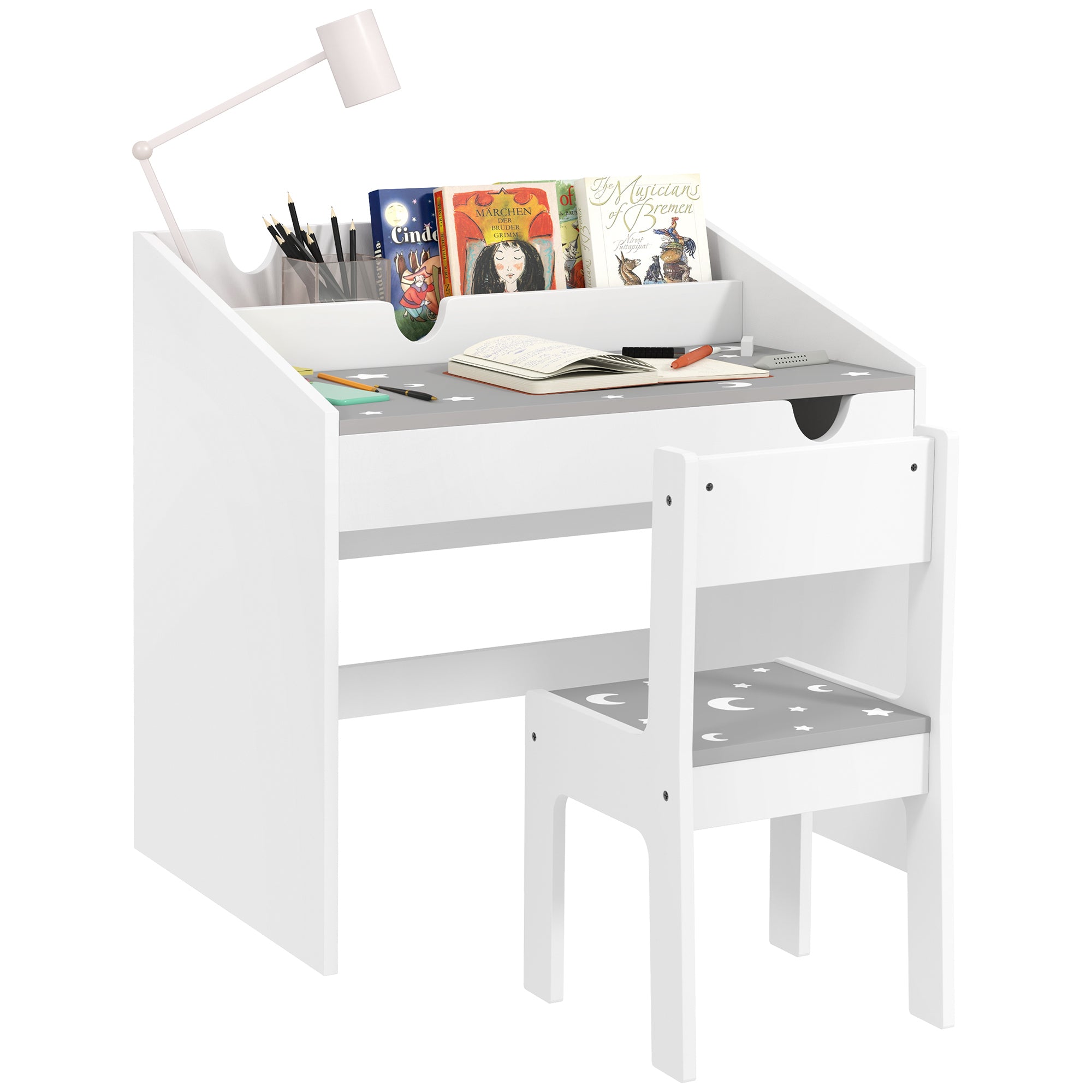 AIYAPLAY Children Study Table and Chair, Kids Desk and Chair Set with Storage, Pull-out Drawer, Gift for 3-6 Years Old - Grey - North Peak Garden Furniture