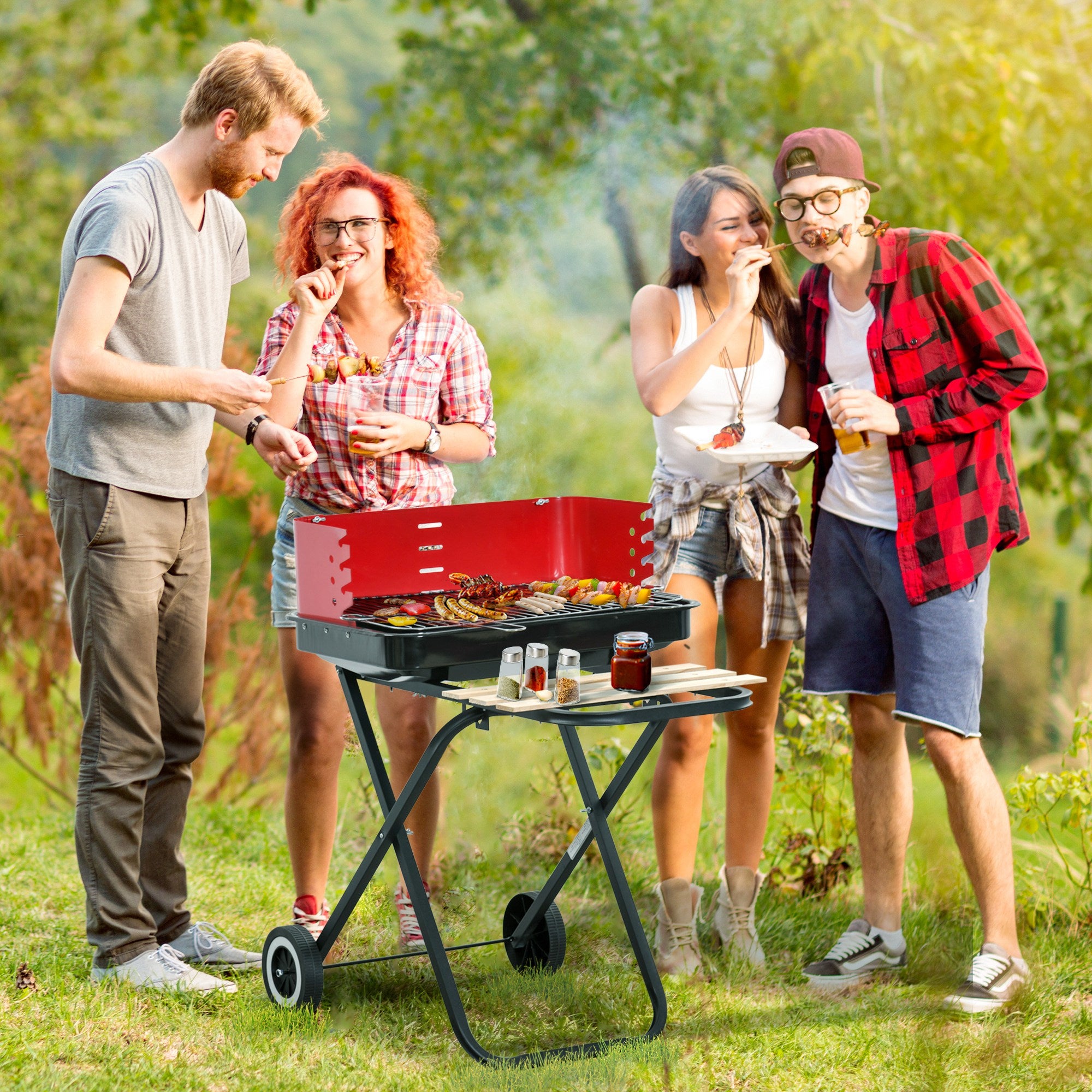 Outsunny Charcoal Trolley BBQ Barbecue Grill Patio Camping Picnic Garden Party Outdoor Cooking with Windshield and Wheels Side Trays, Black/Red