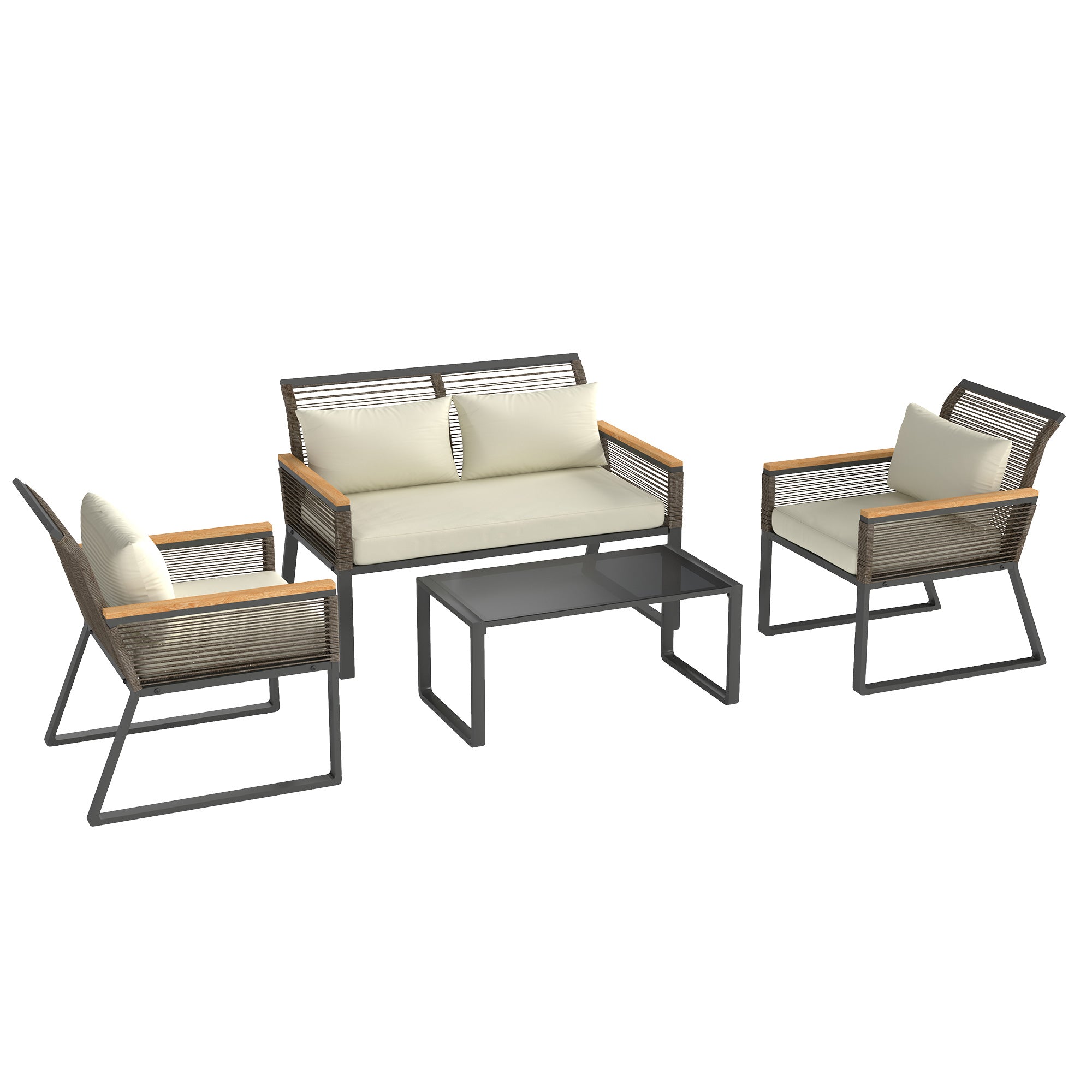 Outsunny Four Piece Wicker Rope Garden Furniture Set with Glass Top Coffee Table - Grey - North Peak Garden Furniture