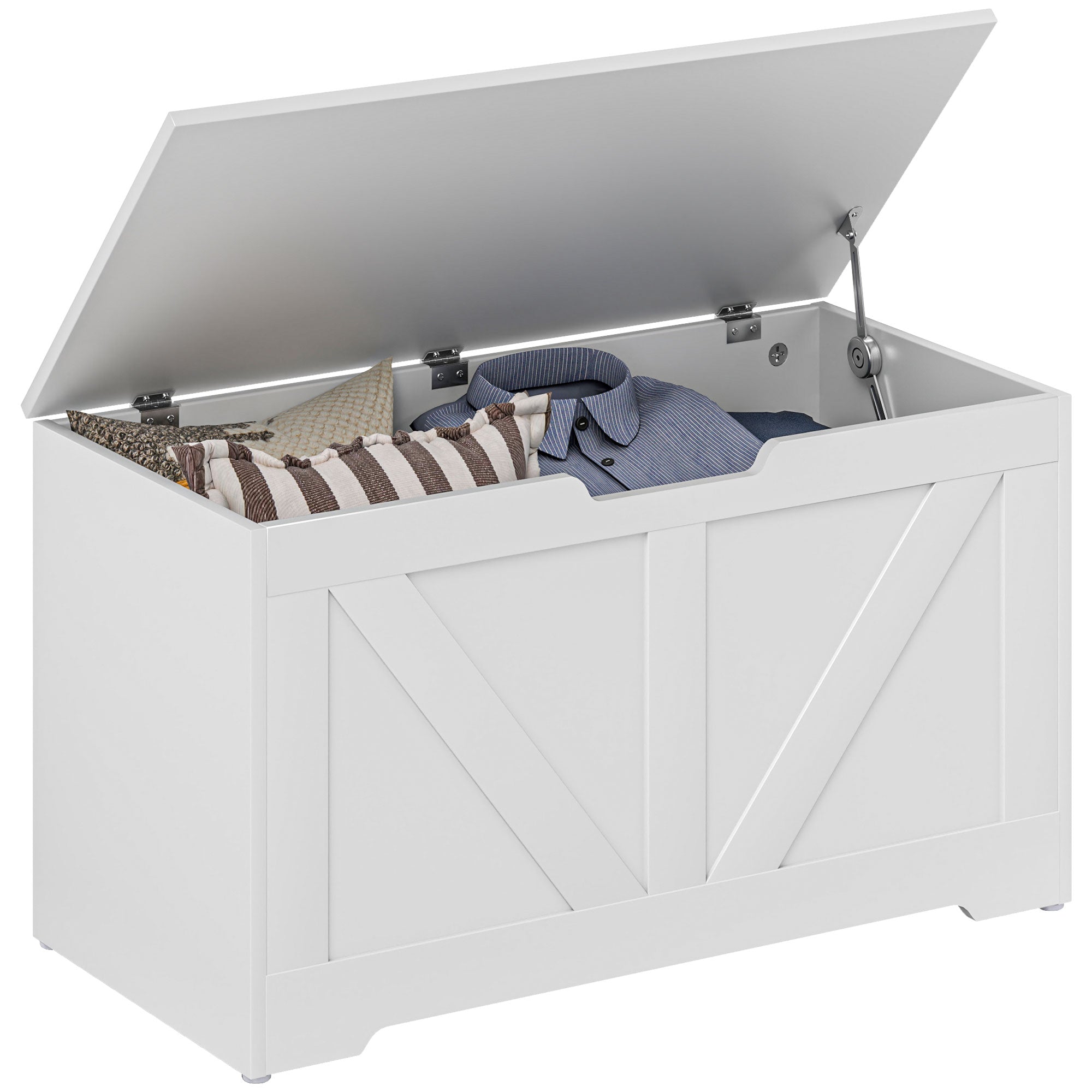HOMCOM 100L Home Storage Box, with Safety Hinges - White Wood-Effect - North Peak Garden Furniture