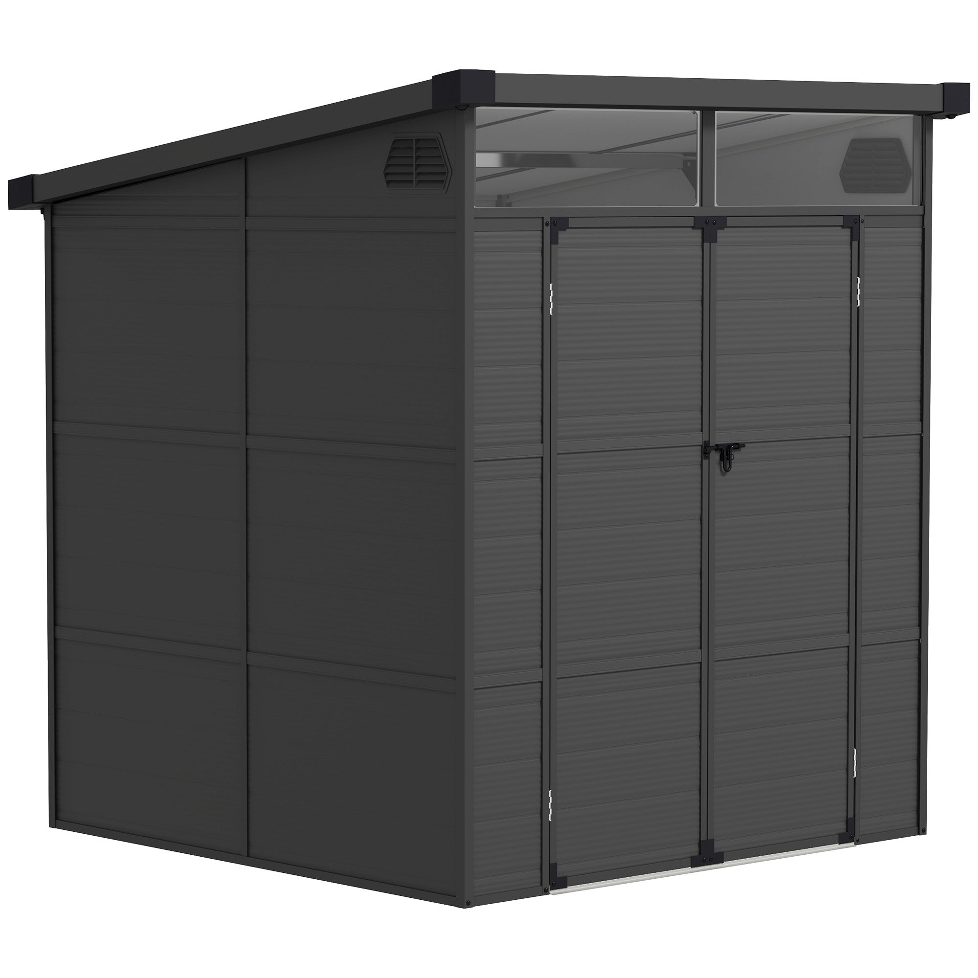 Outsunny 6 x 6ft Outdoor Storage Shed, Plastic Garden Shed with Windows and Air Vents, Outdoor Resin Tool Shed with Latch Doors for Garden, Deck, Dark Grey - North Peak Garden Furniture