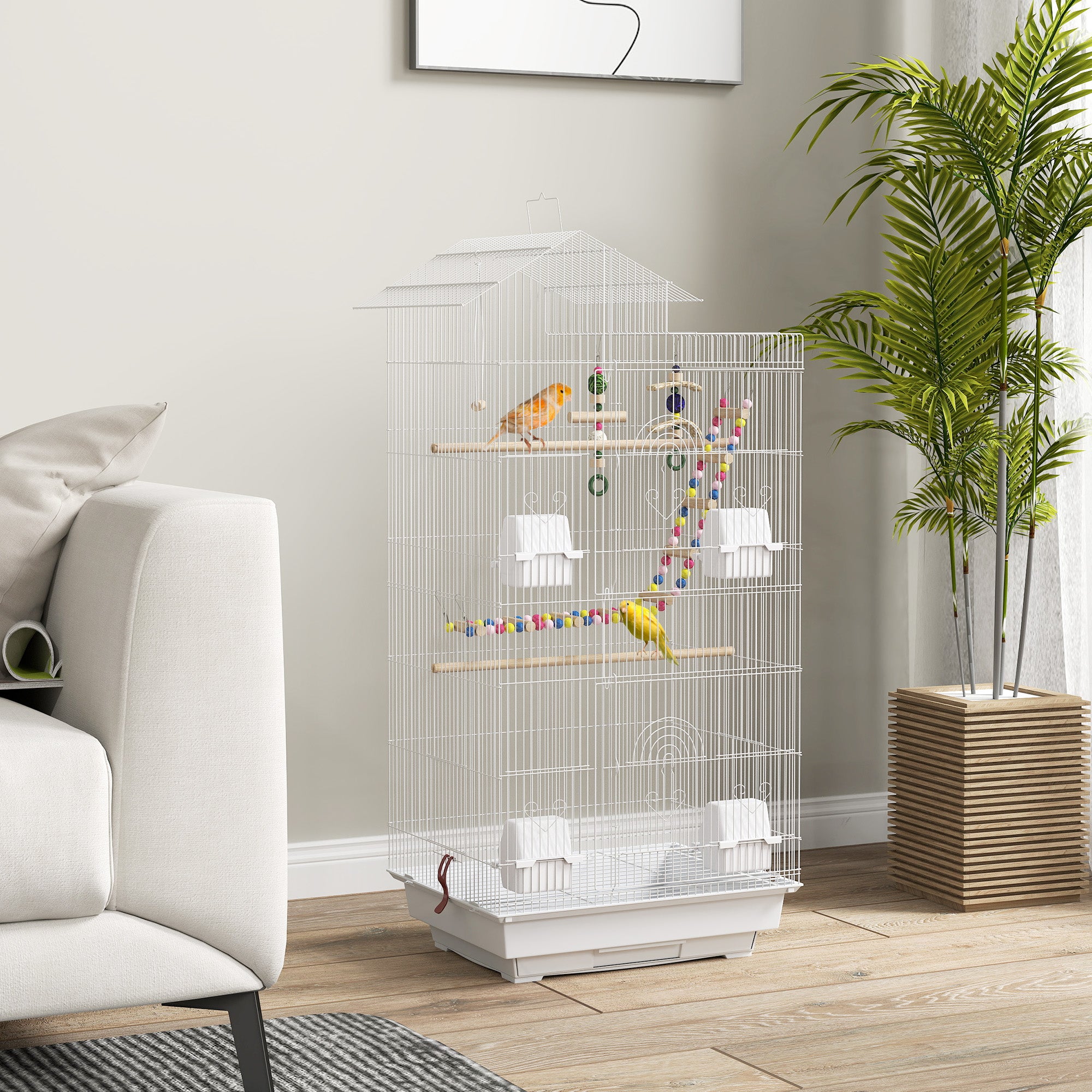 PawHut Bird Cage for Budgies, Finches, Canaries w/ Accessories, Toys, Tray, White - North Peak Garden Furniture