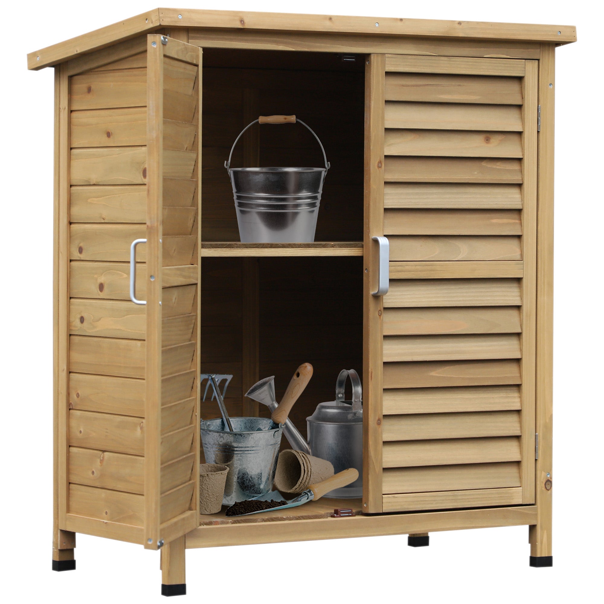 Outsunny Garden Shed Wooden Garden Storage Shed 2 Door Unit Solid Fir Wood Garage Tool Organisation Cabinet, 87L x 46.5W x 96.5Hcm, Natural - North Peak Garden Furniture
