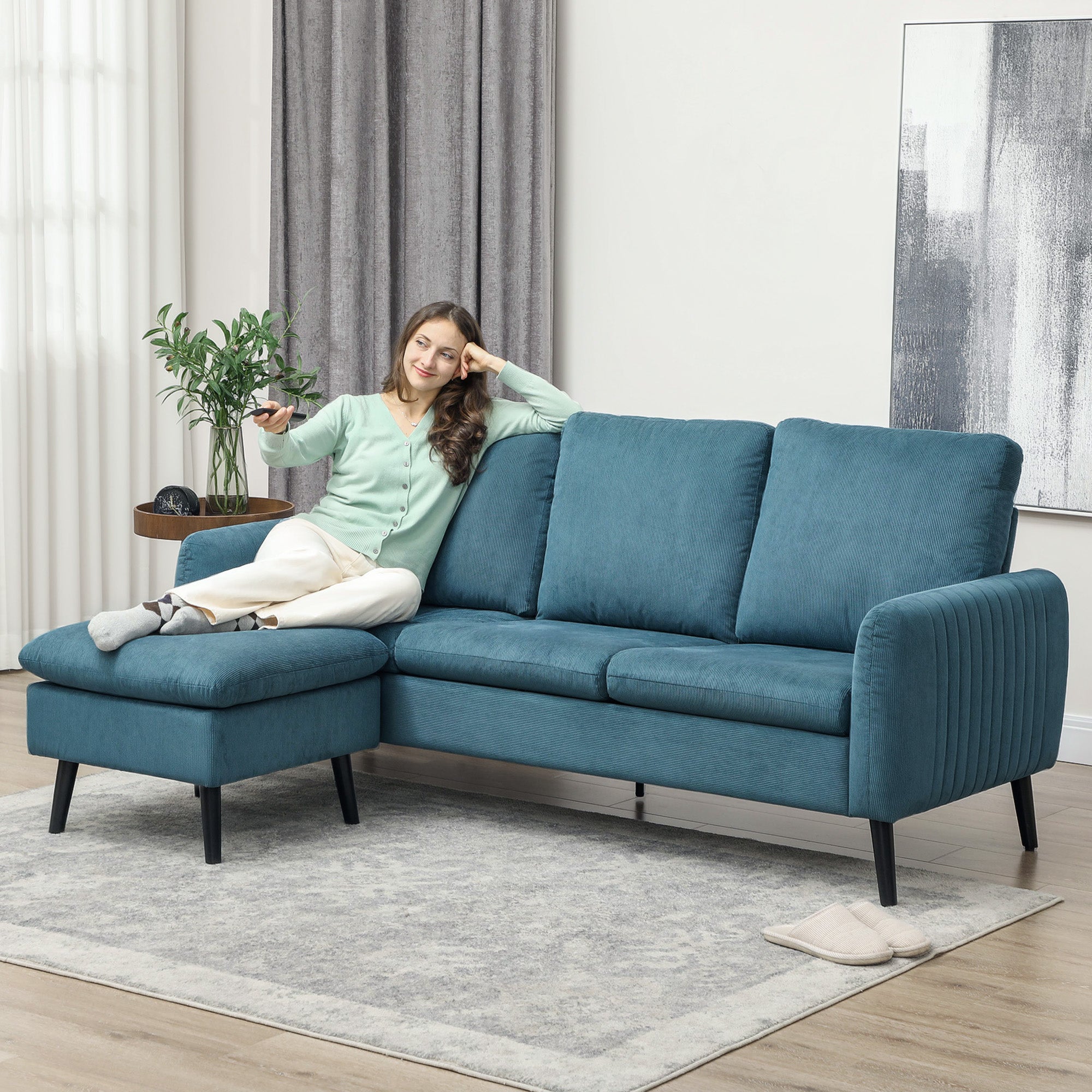 HOMCOM Corner Sofa with Reversible Chaise Lounge, Corduroy Fabric 3 Seater Sofa Settee for Living Room, L Shaped Couch with Scatter Back, Left/Right Hand, Blue - North Peak Garden Furniture