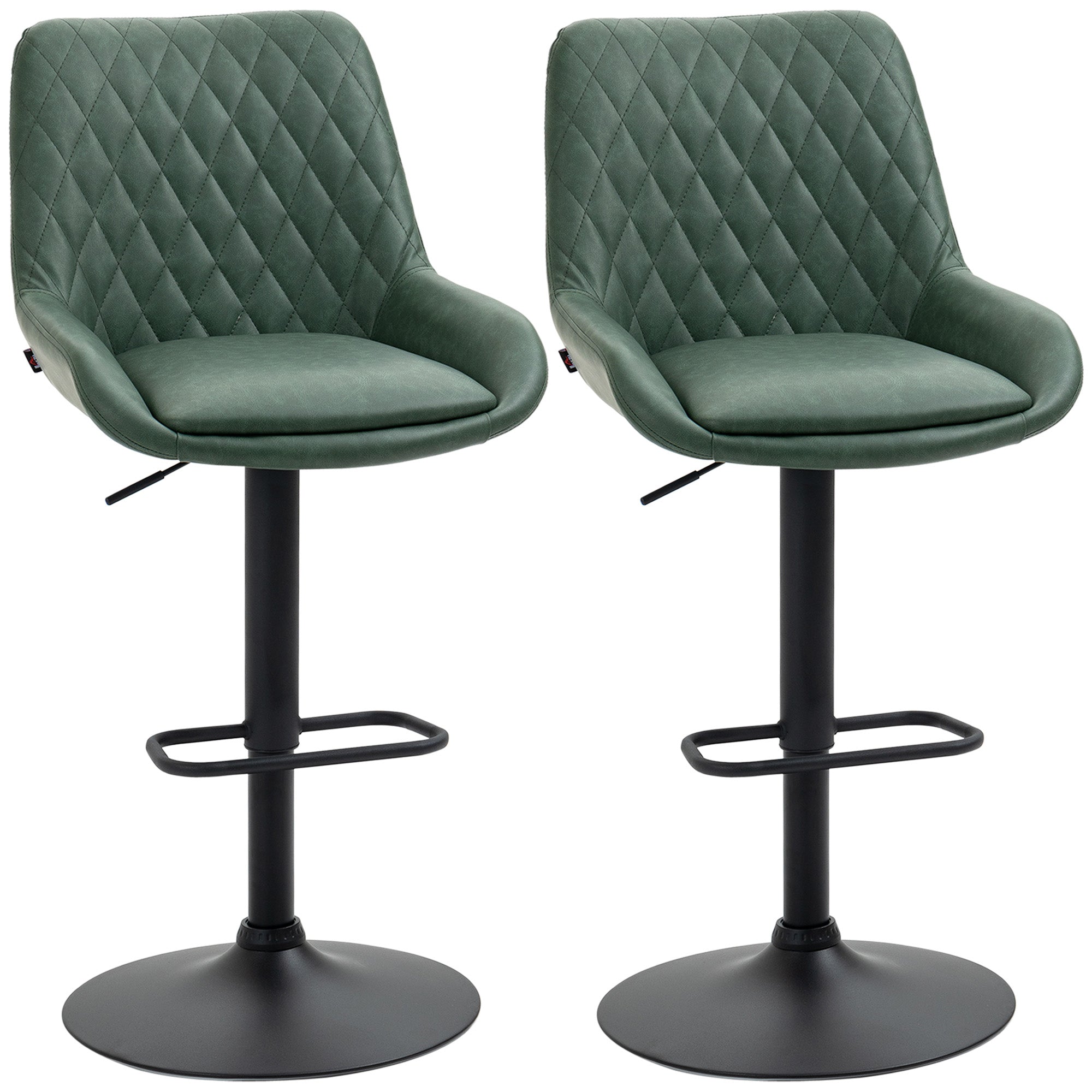 HOMCOM Retro Bar Stools Set of 2, Adjustable Kitchen Stool, Upholstered Bar Chairs with Back, Swivel Seat, Green - North Peak Garden Furniture