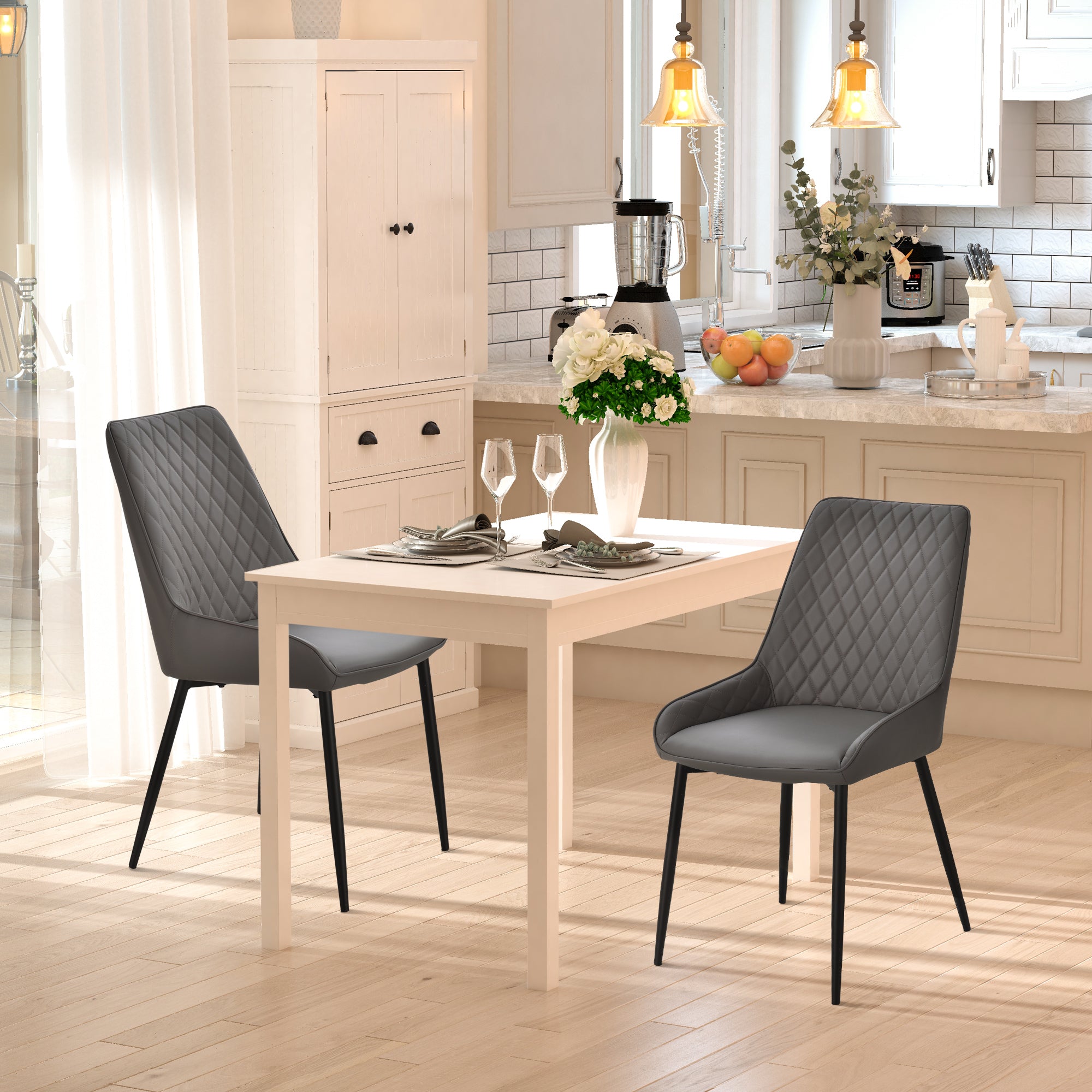 HOMCOM Set Of 2 Quilted PU Leather Dining Chairs with Metal Frame 4 Legs Foot Caps Home Seating Modern Stylish Executive Grey - North Peak Garden Furniture