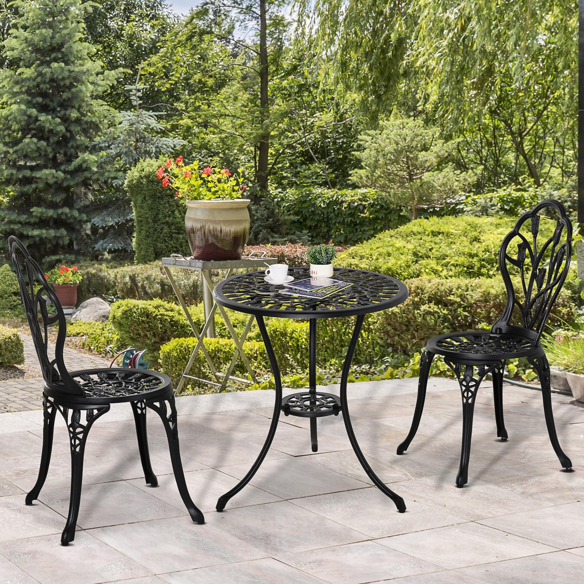 Outsunny Three-Piece Aluminium Floral Bistro Garden Set - Black - North Peak Garden Furniture