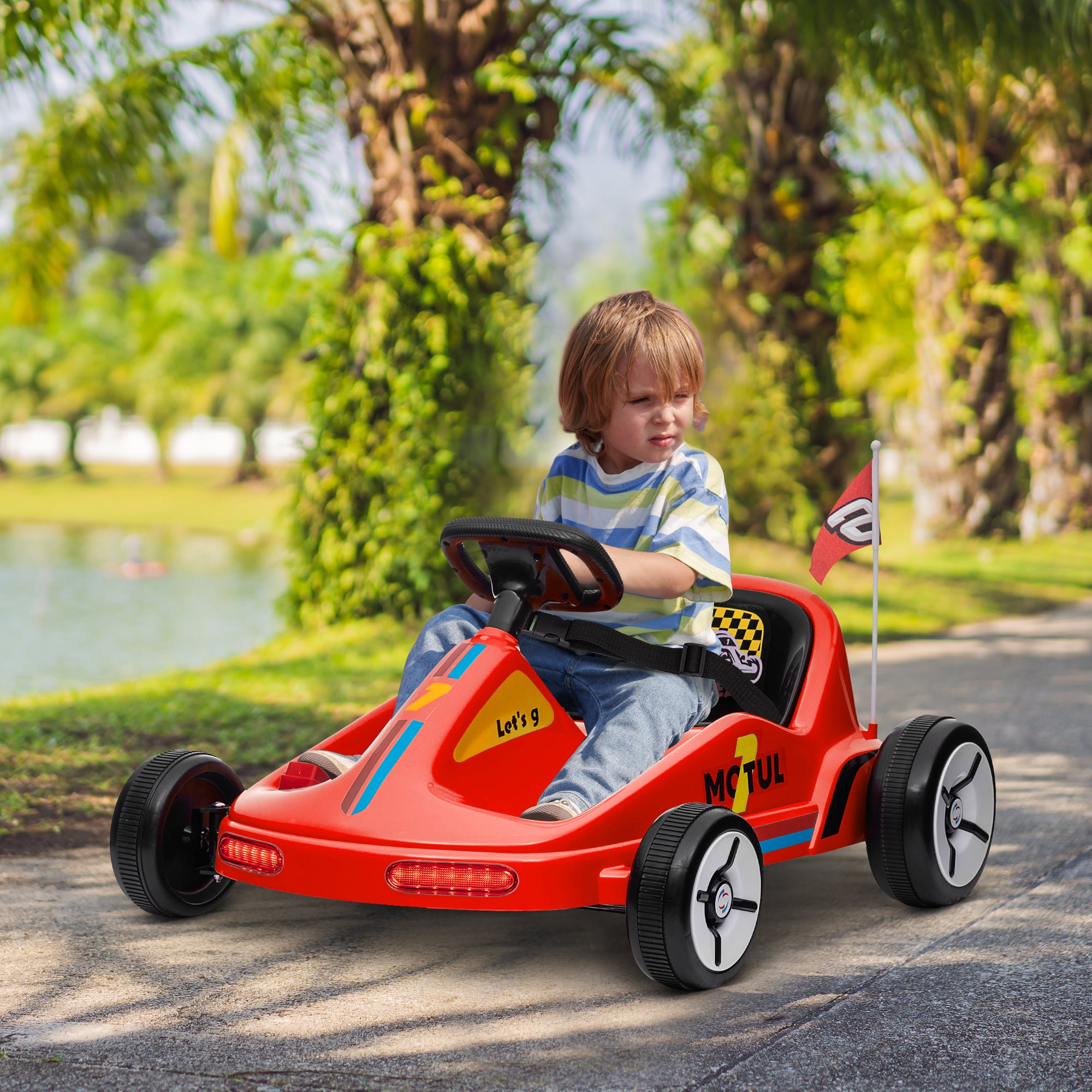 AIYAPLAY 6V Electric Go Kart for Kids with Music, Light, Horn, for 3-5 Years, Red - North Peak Garden Furniture
