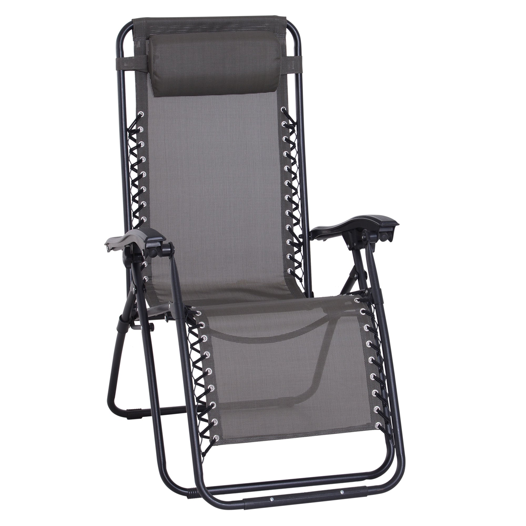 Outsunny Zero Gravity Chair Metal Frame Texteline Armchair Outdoor Folding and Reclining Sun Lounger with Head Pillow for Patio Decking Gardens Camping, Grey - North Peak Garden Furniture
