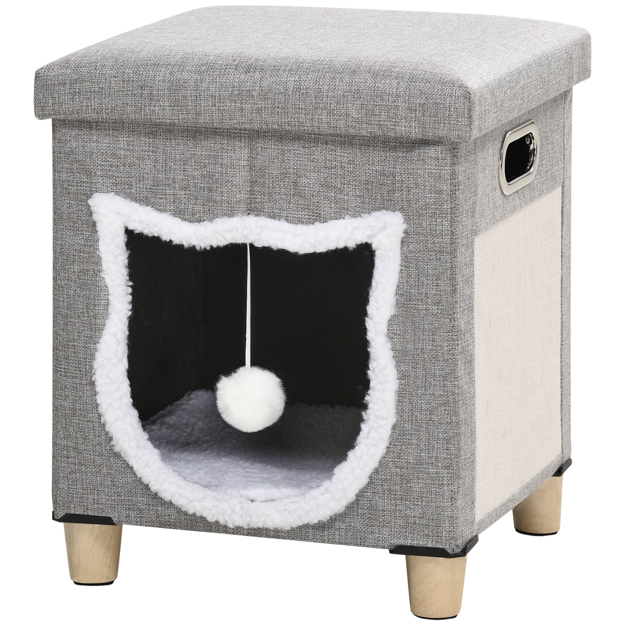PawHut 2 in 1 Cat Bed Ottoman, Comfortable Cat Sleeping Cave House w/ Removable Cushion, Scratching Pad, Handles, Anti-Slip Foot Pad, Toy Ball, Entrance - Grey - North Peak Garden Furniture