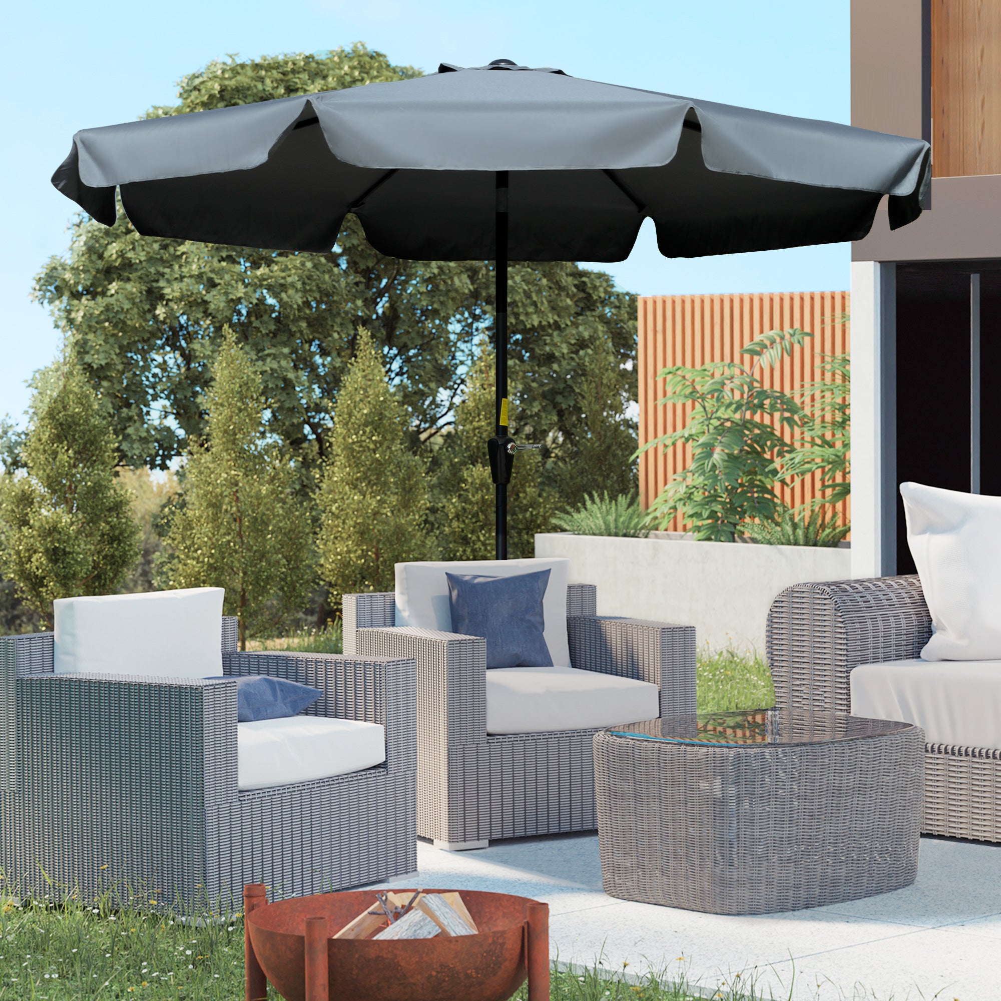 Outsunny 2.7m Patio Parasol Garden Umbrellas Outdoor Sun Shade Table Umbrella with Tilt, Crank, 8 Ribs, Ruffles, Grey - North Peak Garden Furniture