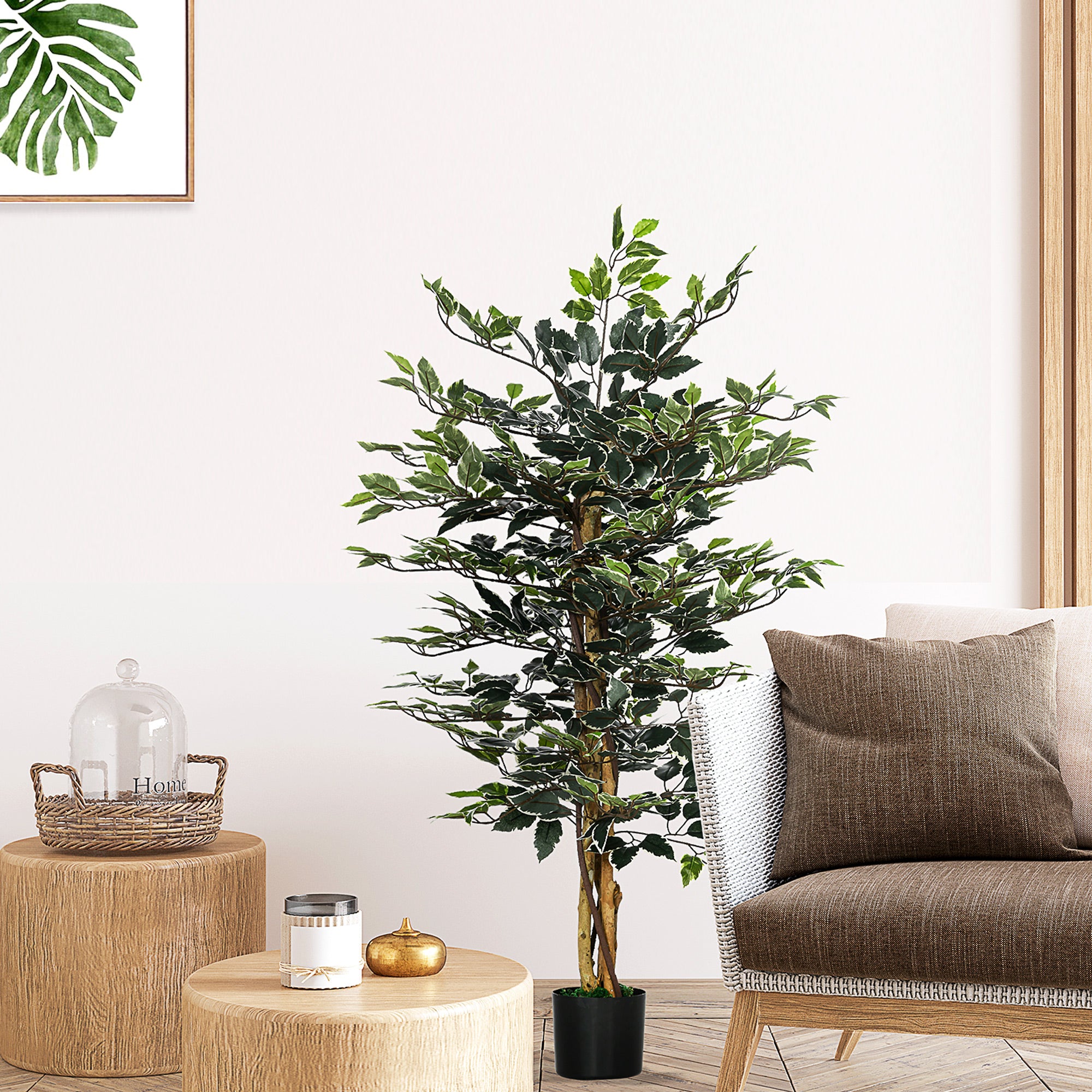 HOMCOM Artificial Ficus Tree in Pot, 130cm Tall Fake Plant with Lifelike Leaves and Natural Trunks, for Indoor Outdoor, Green - North Peak Garden Furniture
