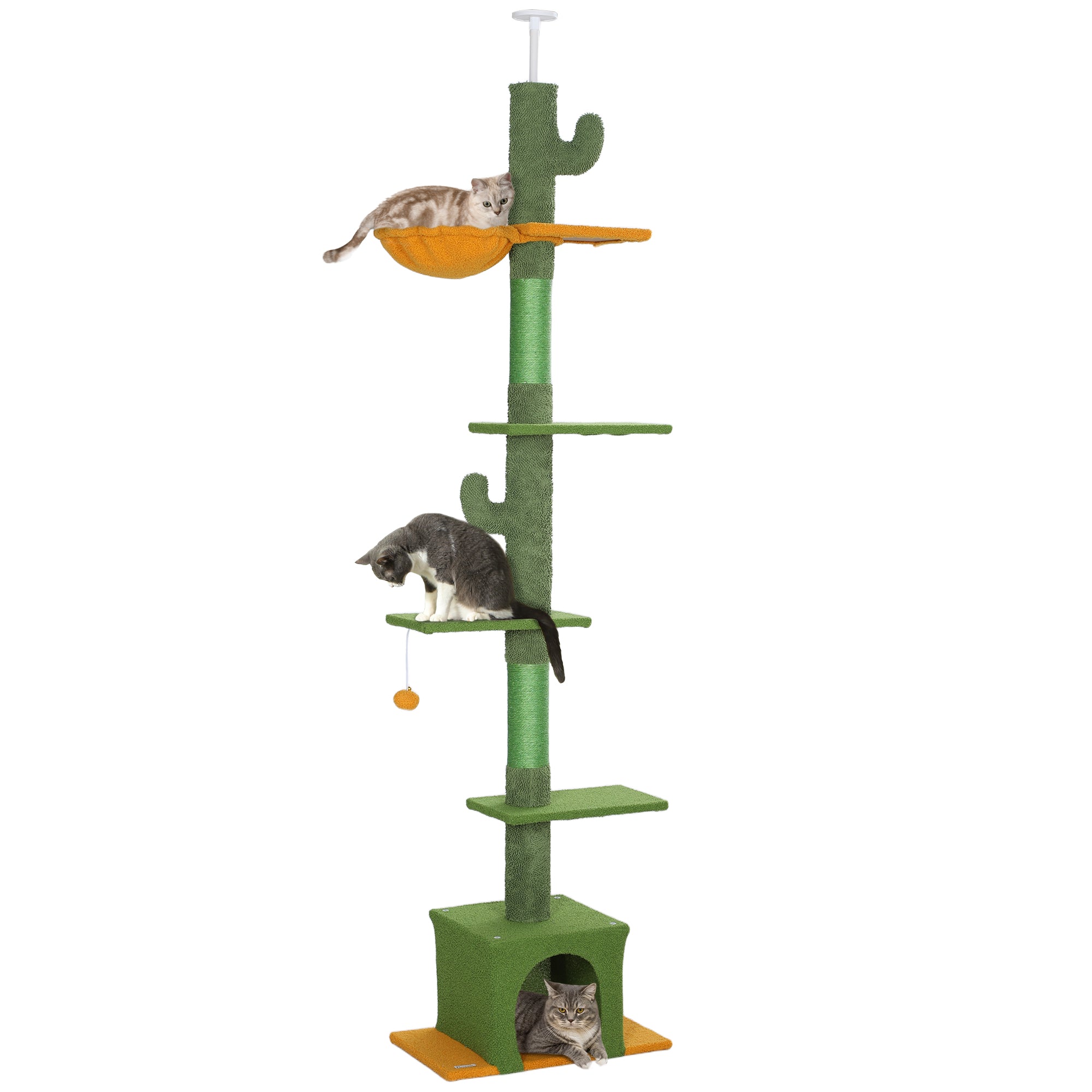 PawHut 230-275cm Floor-to-Ceiling Adjustable Cat Tree with Scratching Posts, Hammock - North Peak Garden Furniture