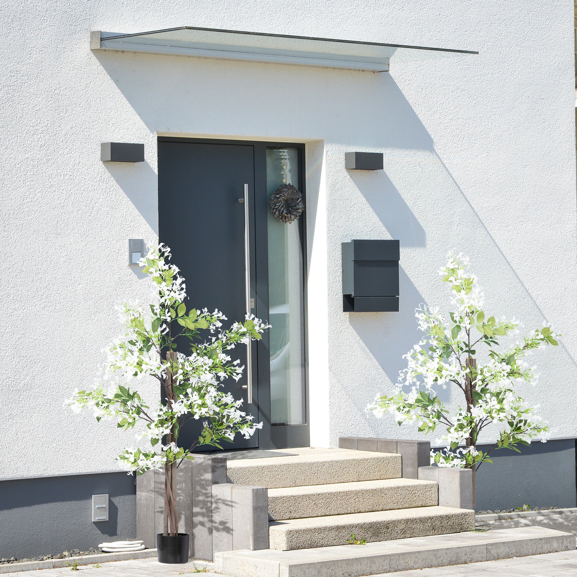 HOMCOM Artificial Plants Honeysuckle Flower in Pot Fake Plants with Curved Boots for Indoor Outdoor 15x15x150cm Set of 2 White - North Peak Garden Furniture