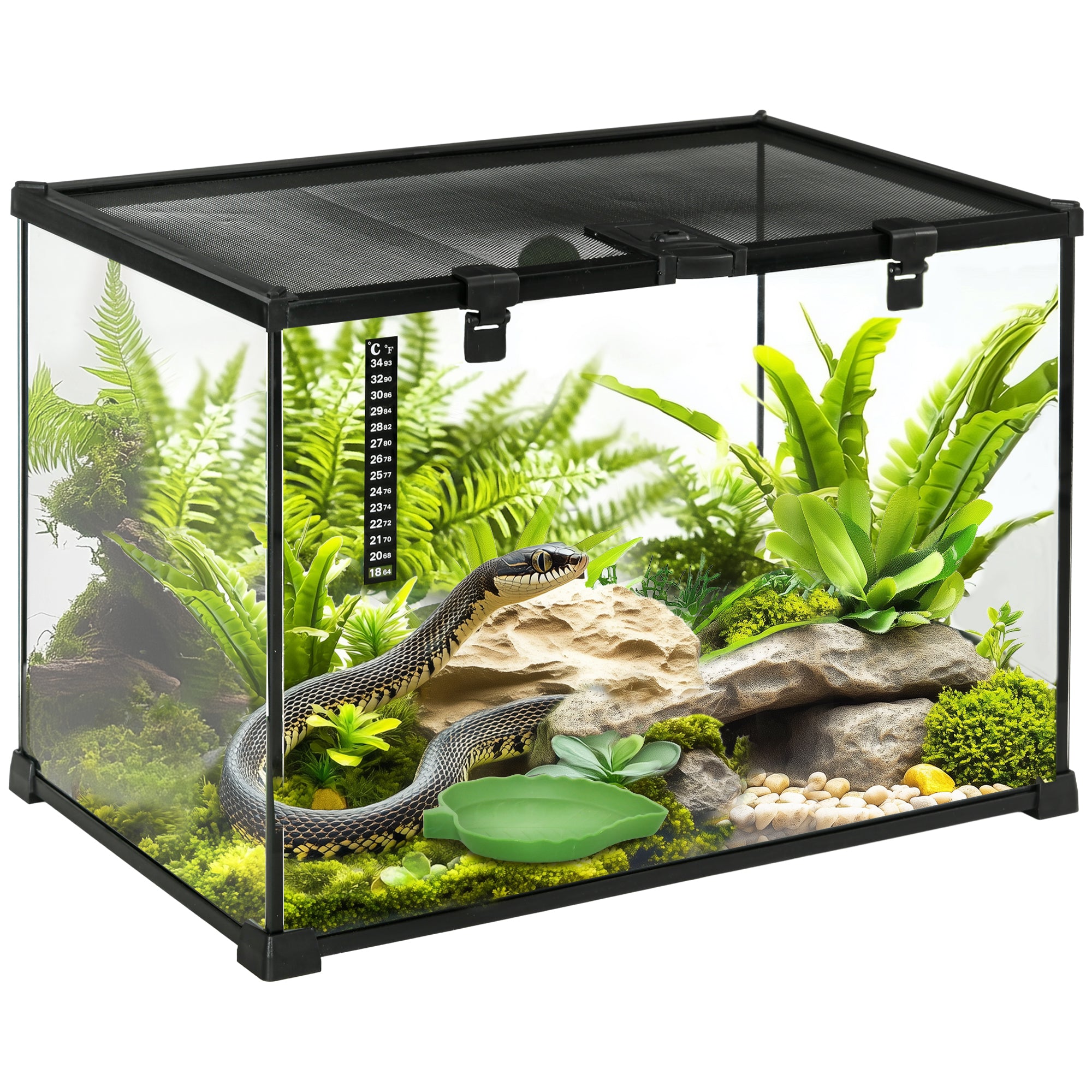 PawHut Glass Reptile Terrarium Insect Breeding Tank Vivarium Habitats with Thermometer for Lizards, Horned Frogs, Snakes, Spiders - Large 50 x 30 x 35cm - North Peak Garden Furniture