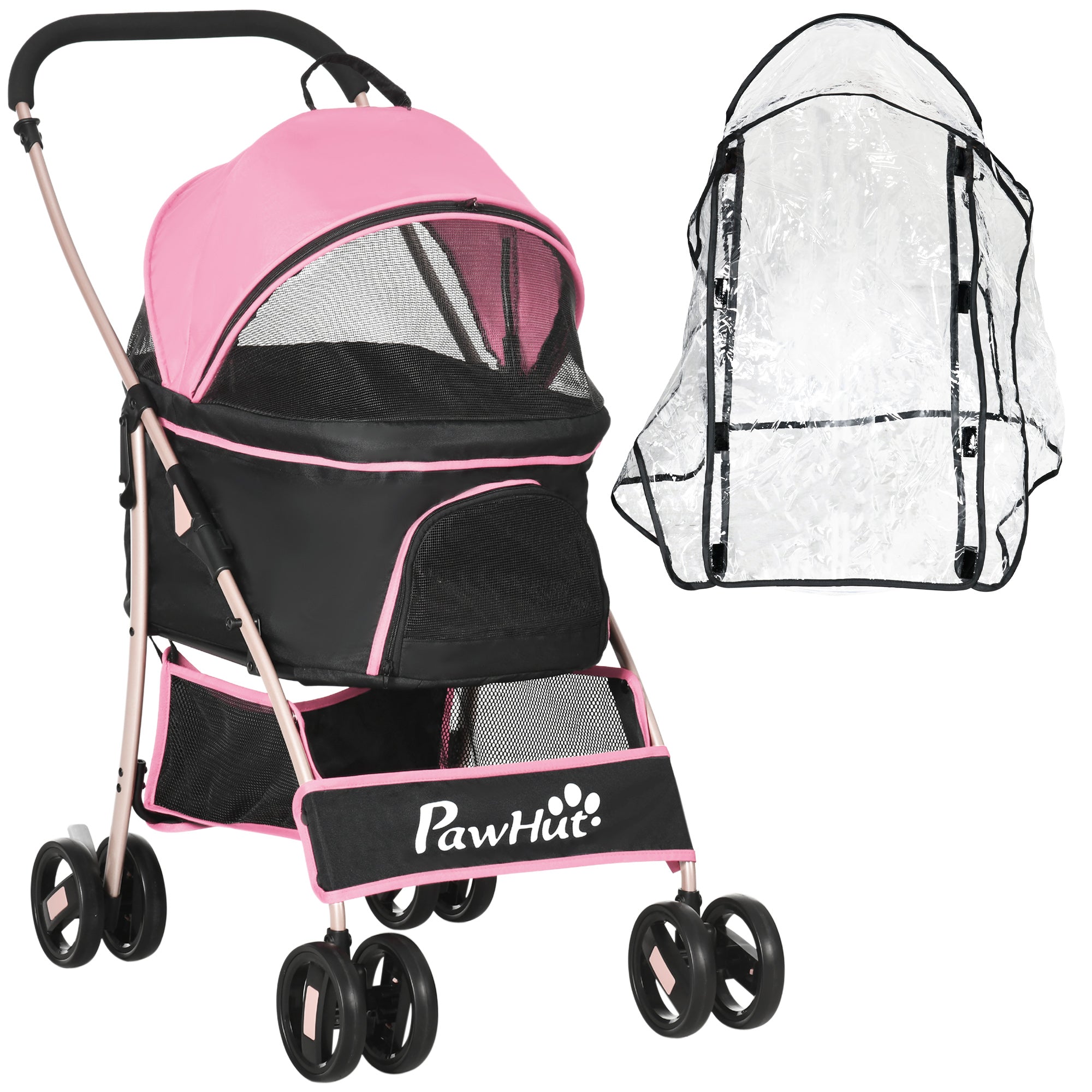 PawHut Detachable Pet Stroller with Rain Cover, 3 In 1 Cat Dog Pushchair, Foldable Carrying Bag w/ Universal Wheels, Brake, Canopy, Basket, Storage Bag for Small and Tiny Dogs - Pink - North Peak Garden Furniture